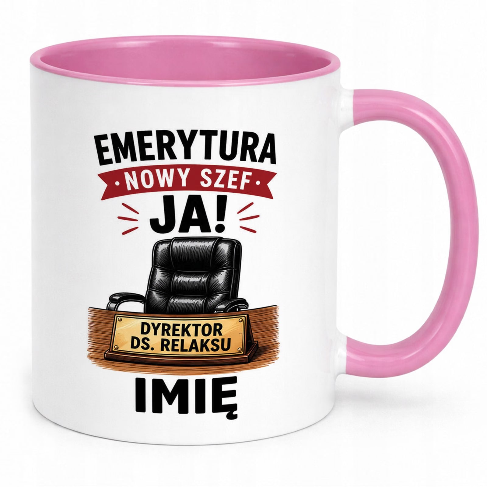 Kubek Różowy Personalizowany z Nadrukiem Emerytura Dla Emeryta Prezent
