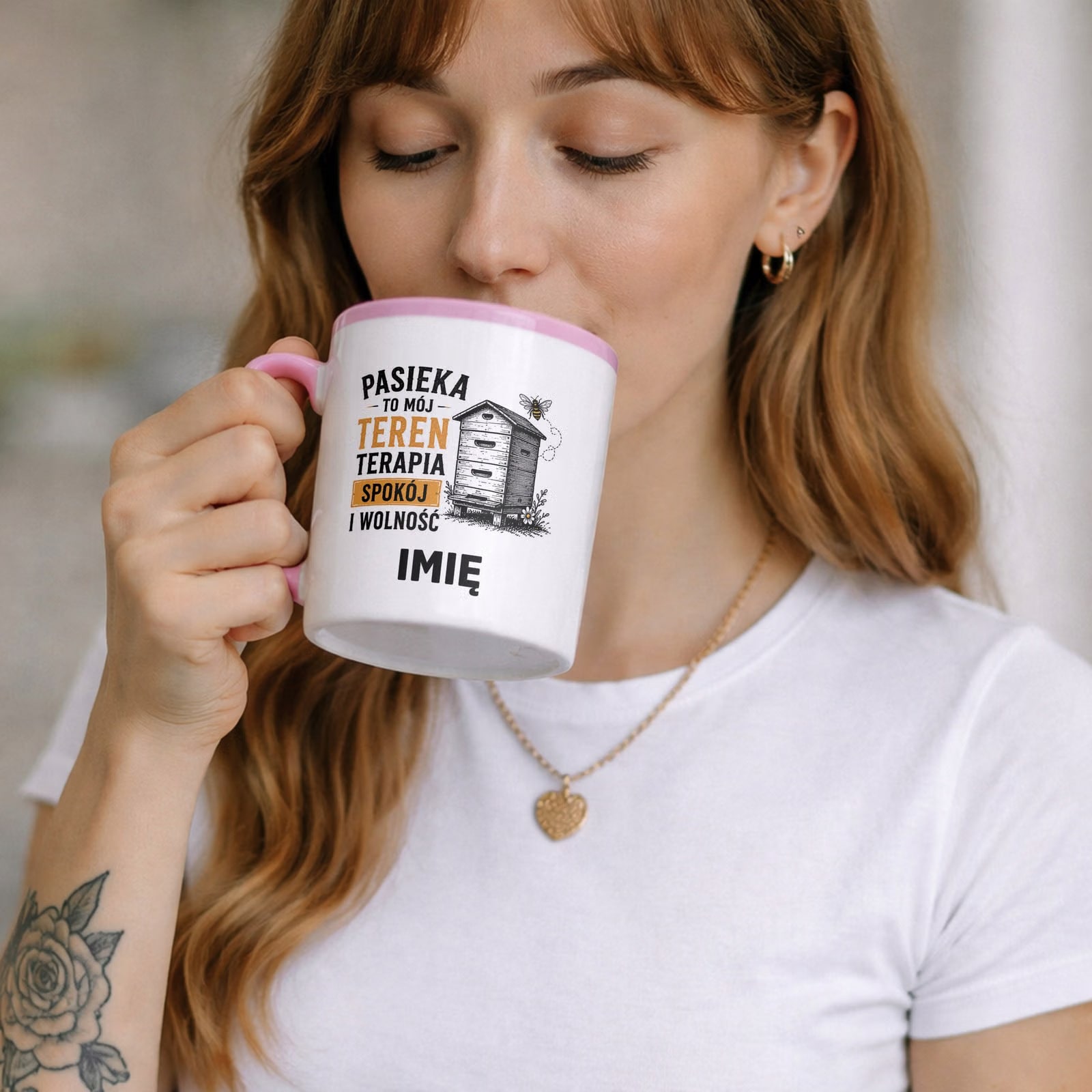 Zestaw Personalizowany Kubek Różowy Poduszka Z Nadrukiem Dla Pszczelarza