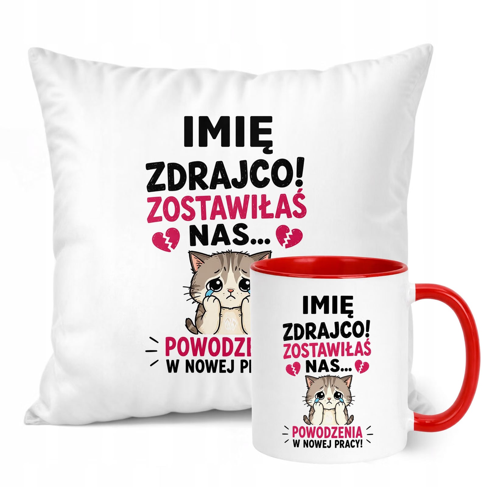Zestaw Personalizowany Kubek Czerwony Poduszka Odejście z Pracy Prezent
