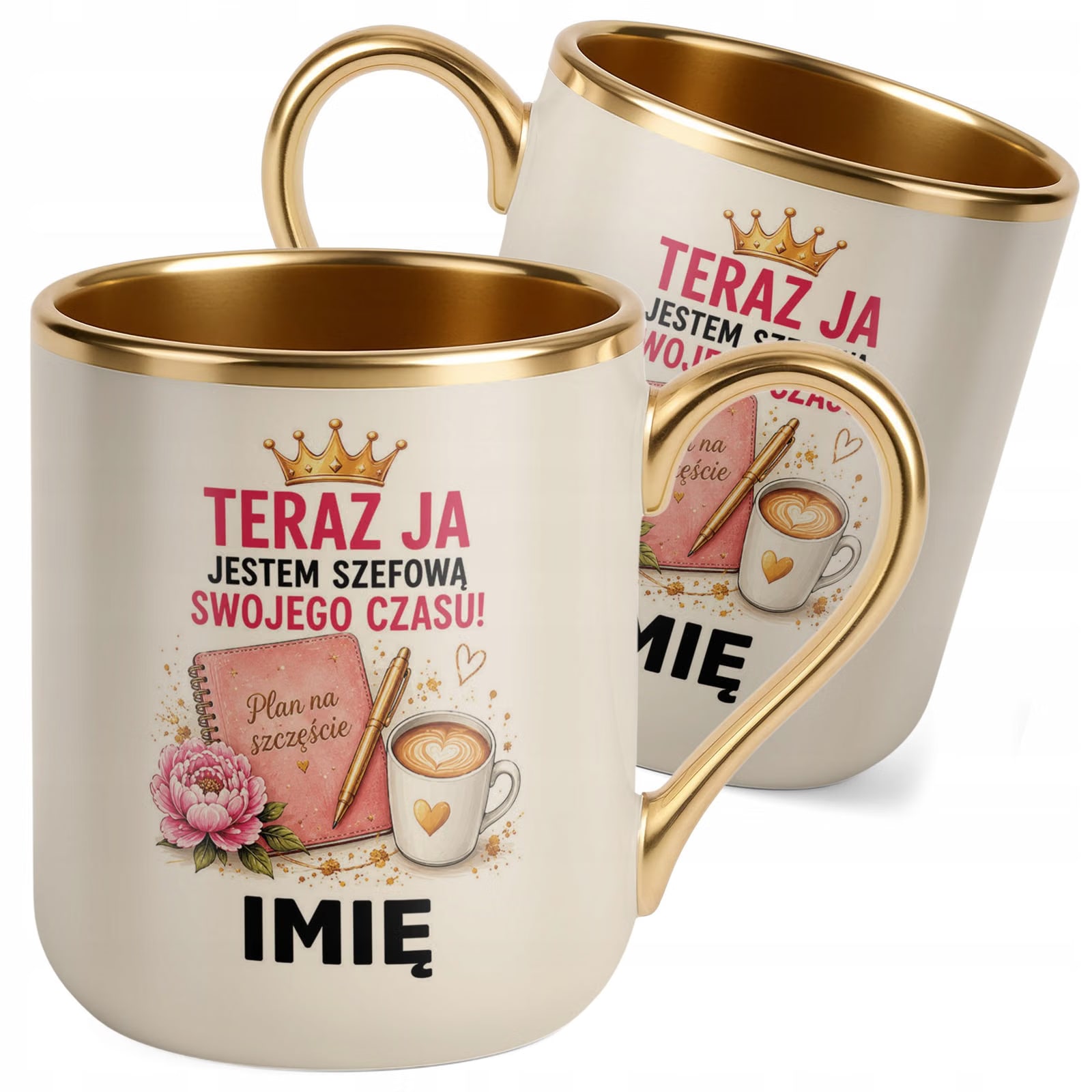 Kubek Personalizowany z nadrukiem Premium Złoty Ecru Emerytura Prezent