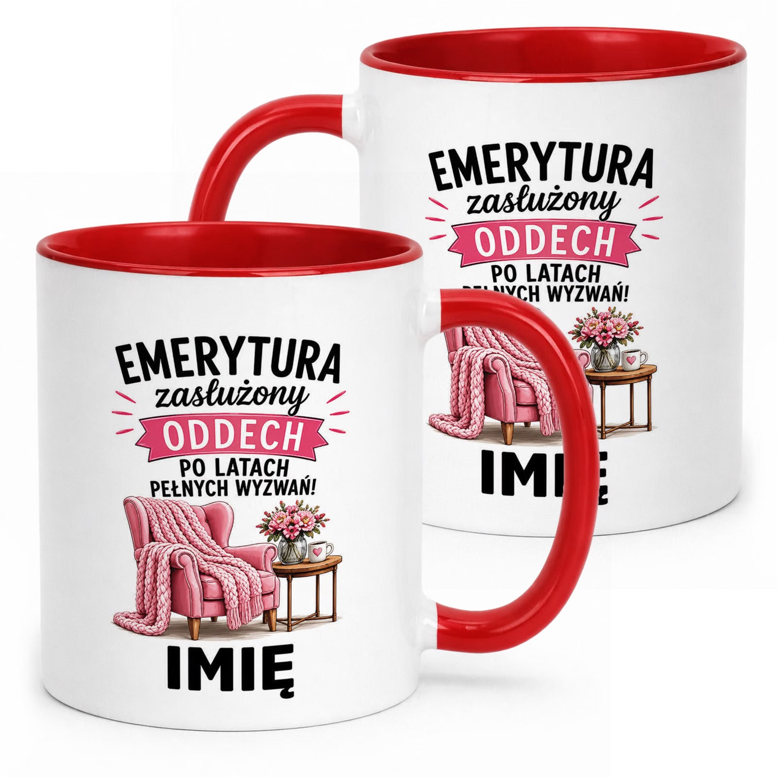 Kubek Czerwony Personalizowany z Nadrukiem Emerytura Dla Emerytki Prezent