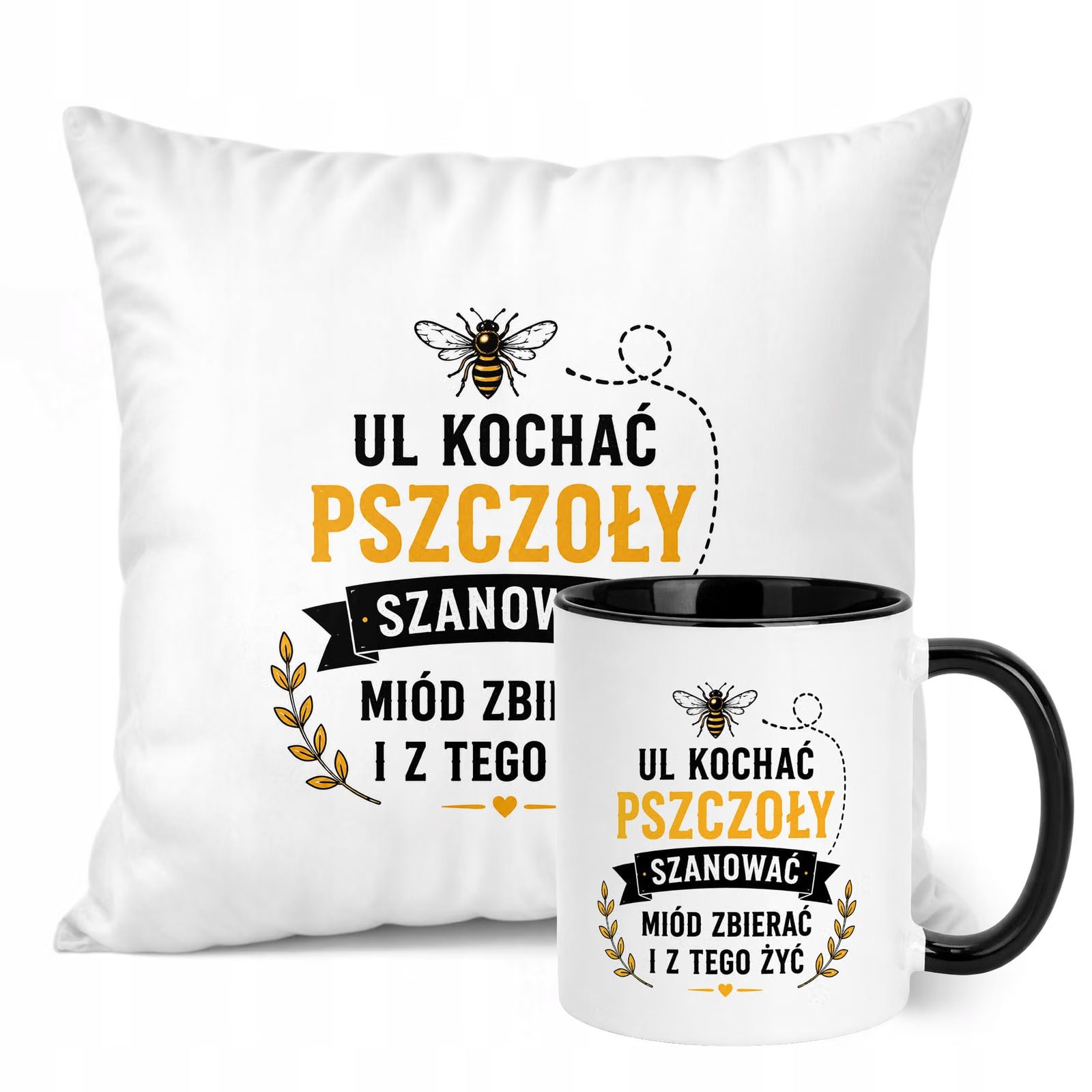 Zestaw Kubek Czarny Poduszka Z Nadrukiem Dla Pszczelarza Prezent