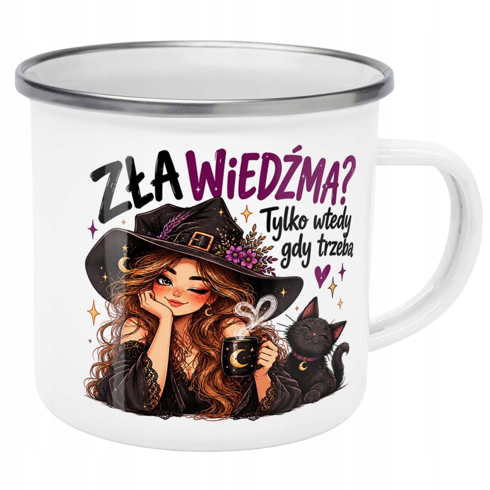 Kubek Emaliowany Dla Kobiet Czarownica Wiedźma z Nadrukiem Biały Metalowy