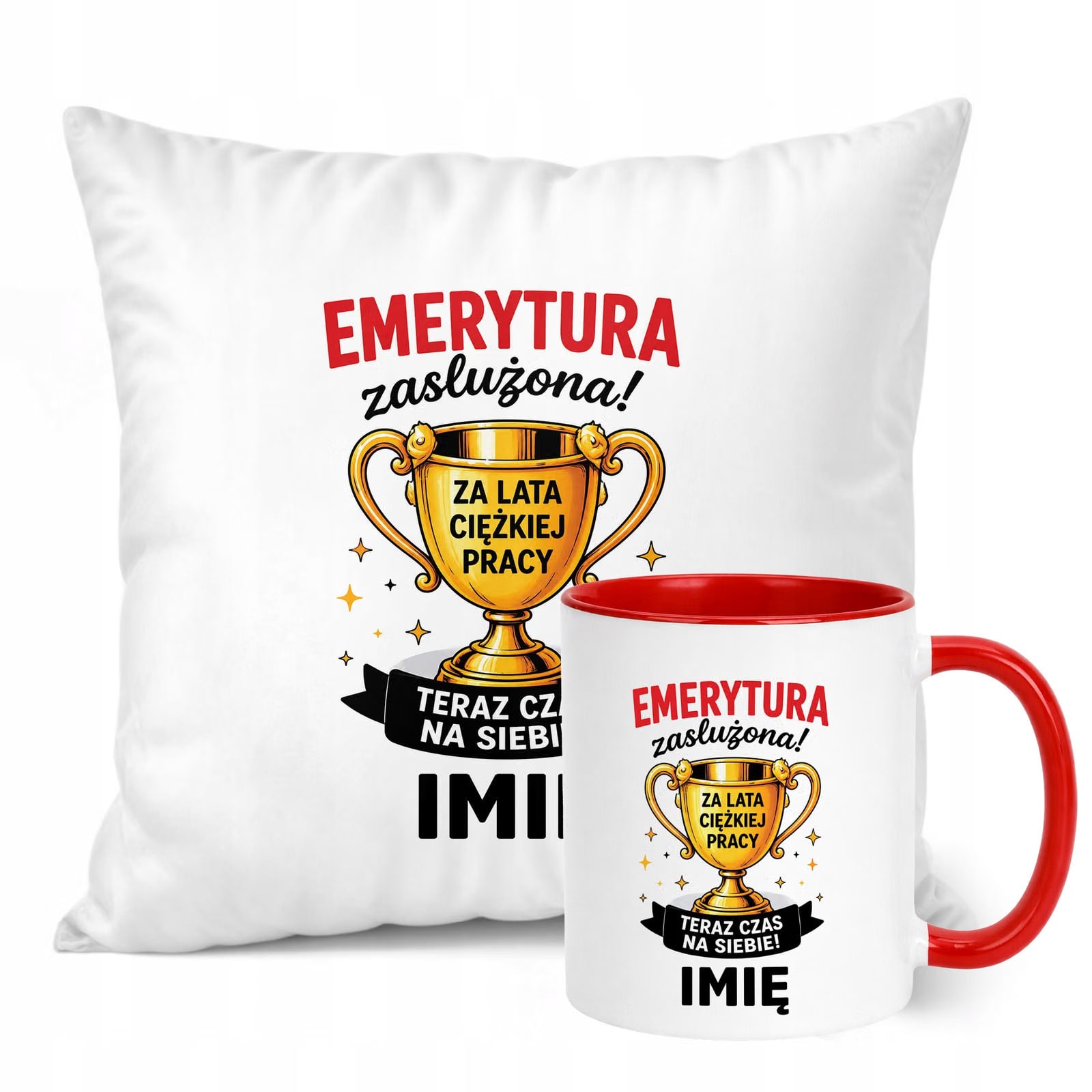 Zestaw Personalizowany Kubek Czerwony Poduszka Emerytura Upominek Prezent