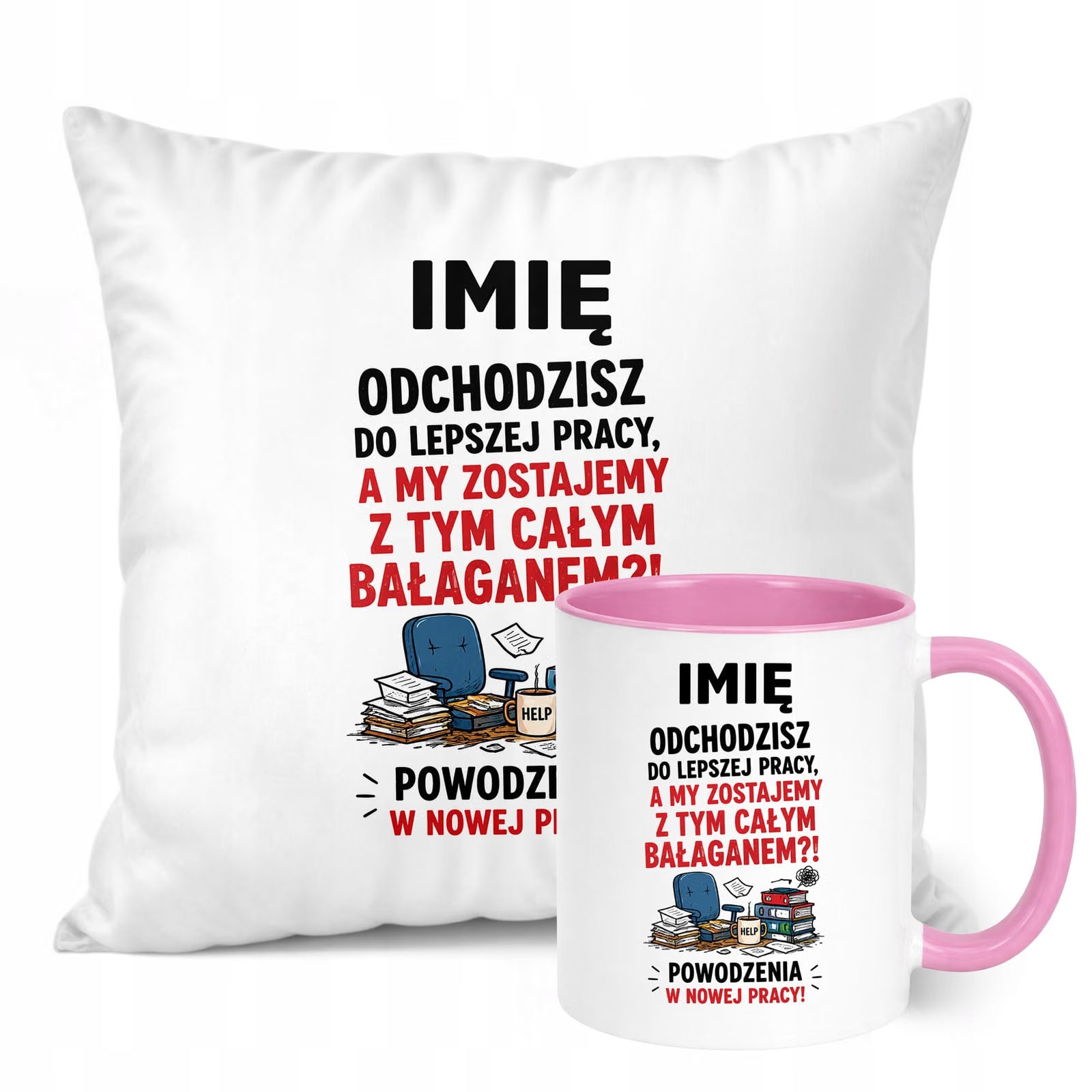 Zestaw Personalizowany Kubek Różowy Poduszka Odejście z Pracy Prezent