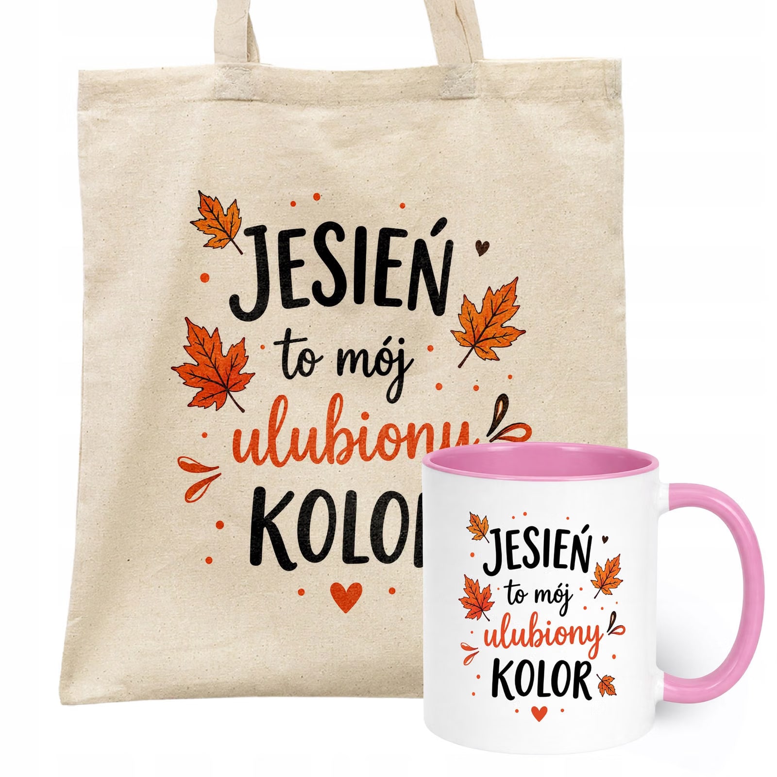 Zestaw Kubek Różowy Torba Shopper Ecru Z Nadrukiem Jesień Jesienny