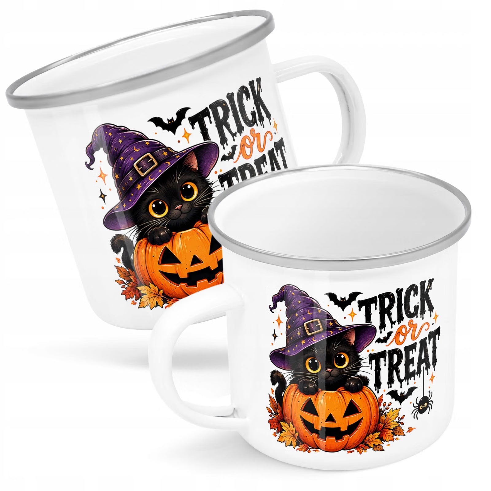 Kubek Emaliowany Halloween Kot Dynia z Nadrukiem Biały Metalowy Prezent