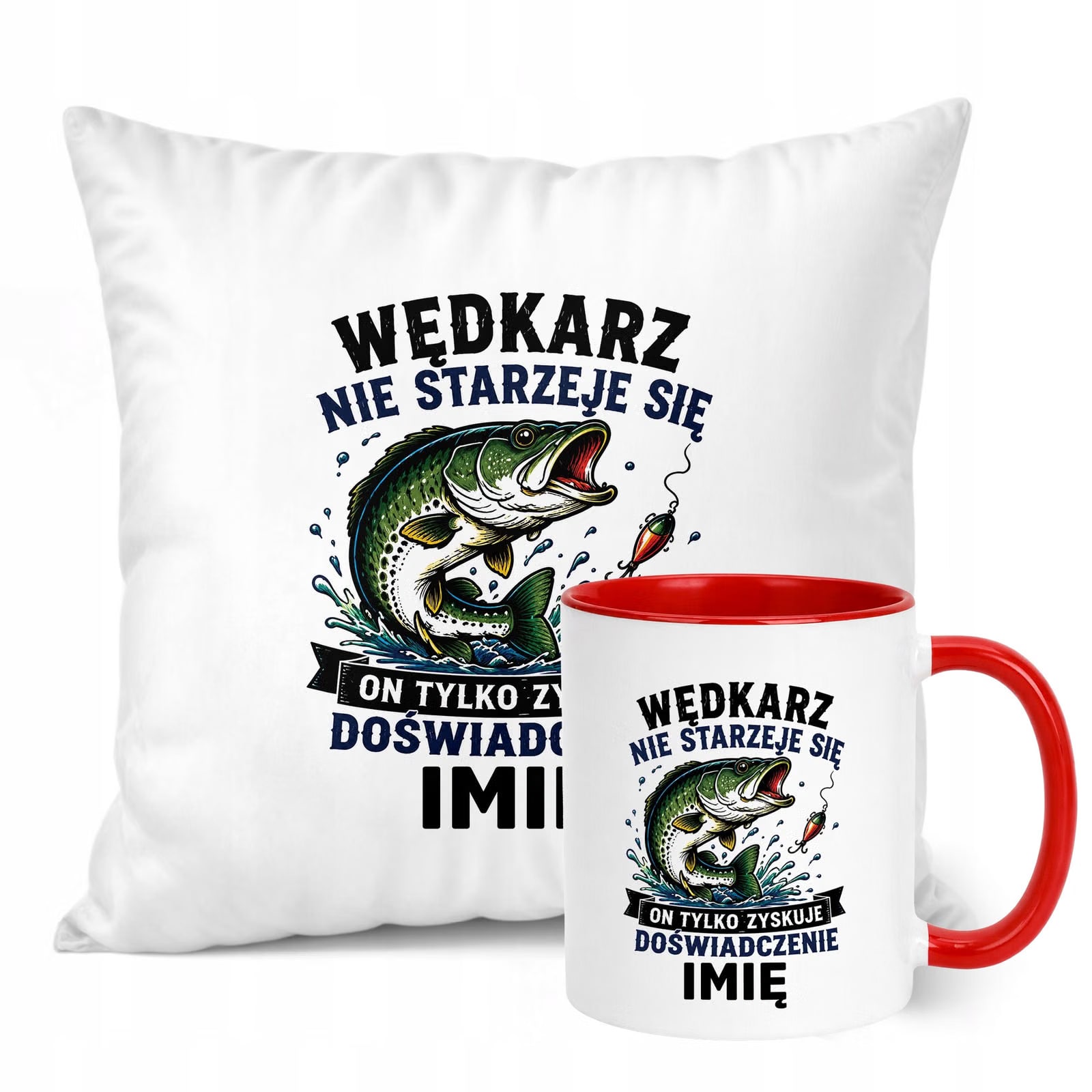 Zestaw Personalizowany Kubek Czerwony Poduszka Z Nadrukiem Dla Wędkarza