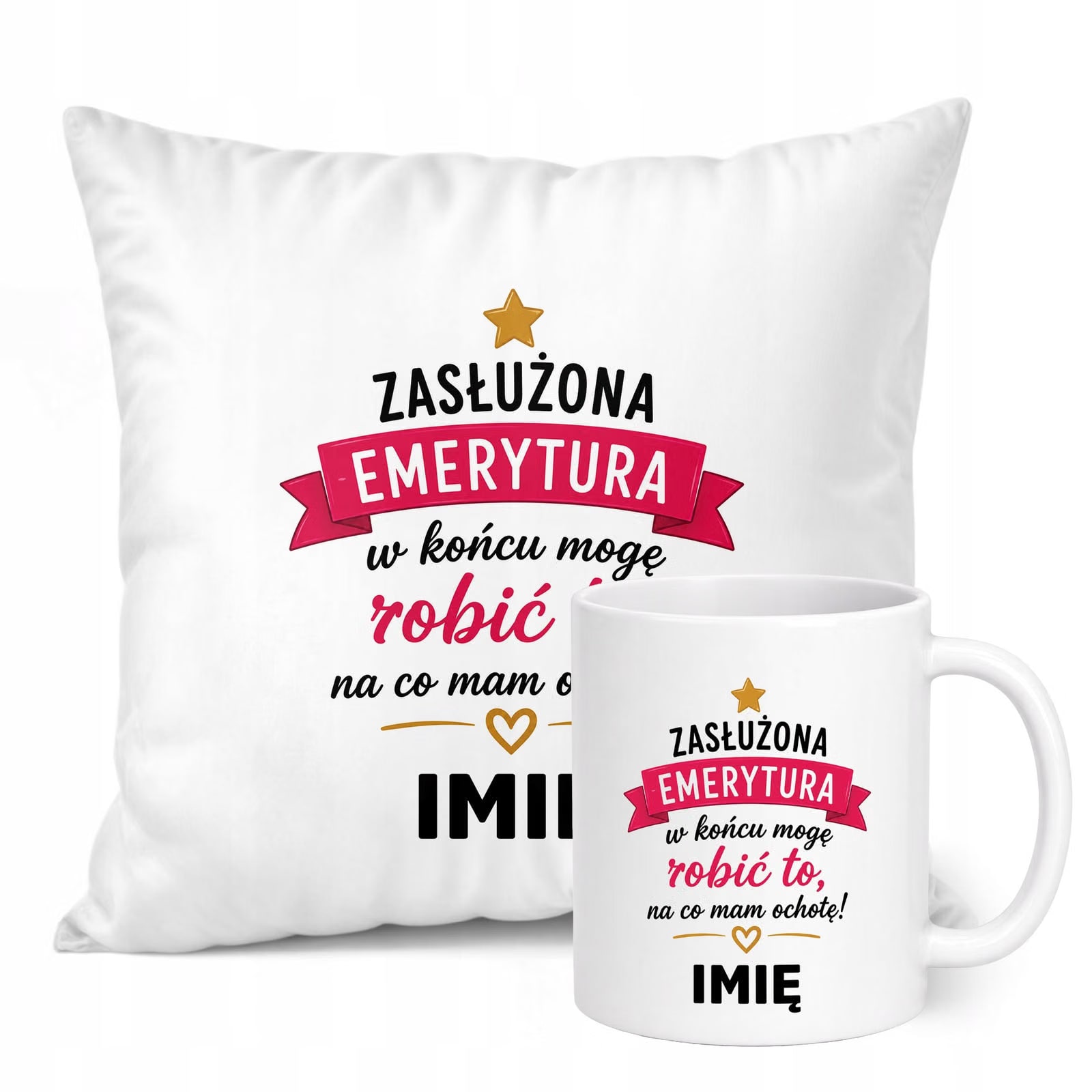 Zestaw Personalizowany Kubek Biały Poduszka Emerytura Dla Emerytki Prezent