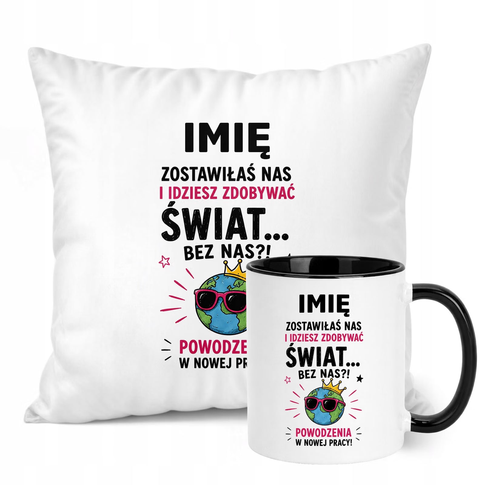 Zestaw Personalizowany Kubek Czarny Poduszka Odejście z Pracy Prezent