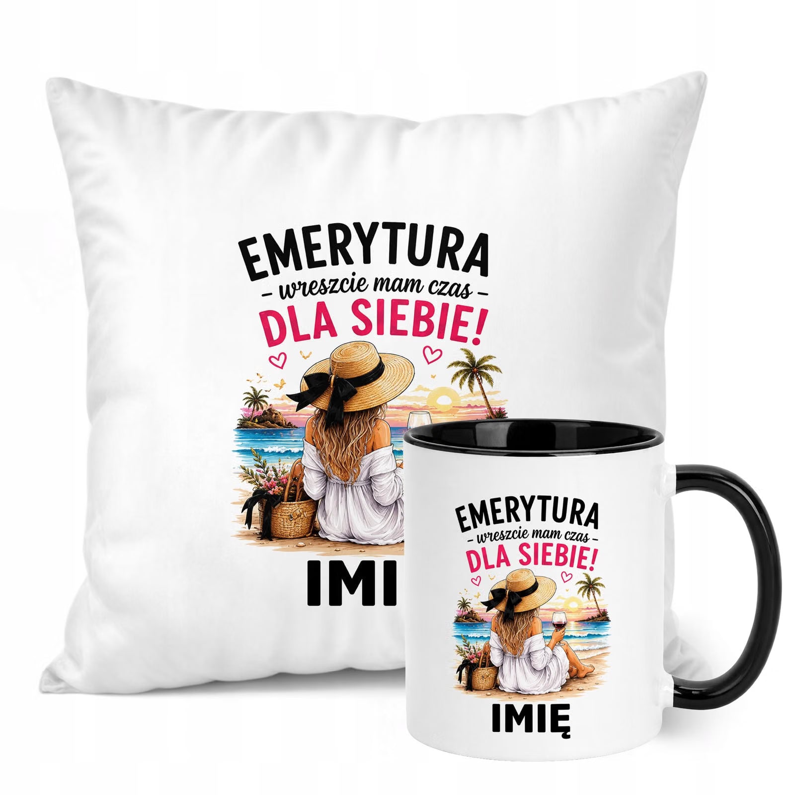 Zestaw Personalizowany Kubek Czarny Poduszka Emerytura Upominek Prezent