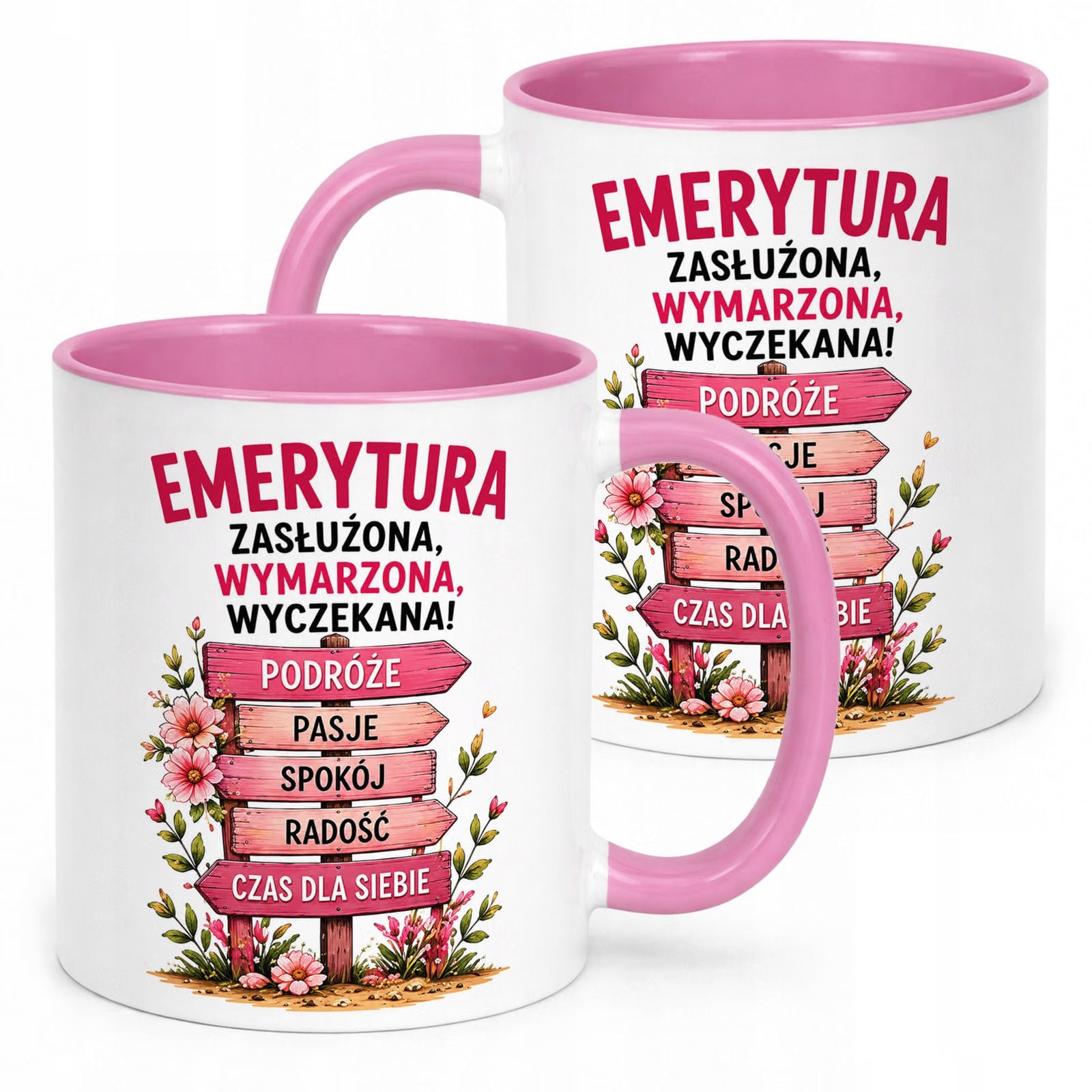 Kubek Różowy z nadrukiem Emerytura Dla Emerytki Upominek Prezent