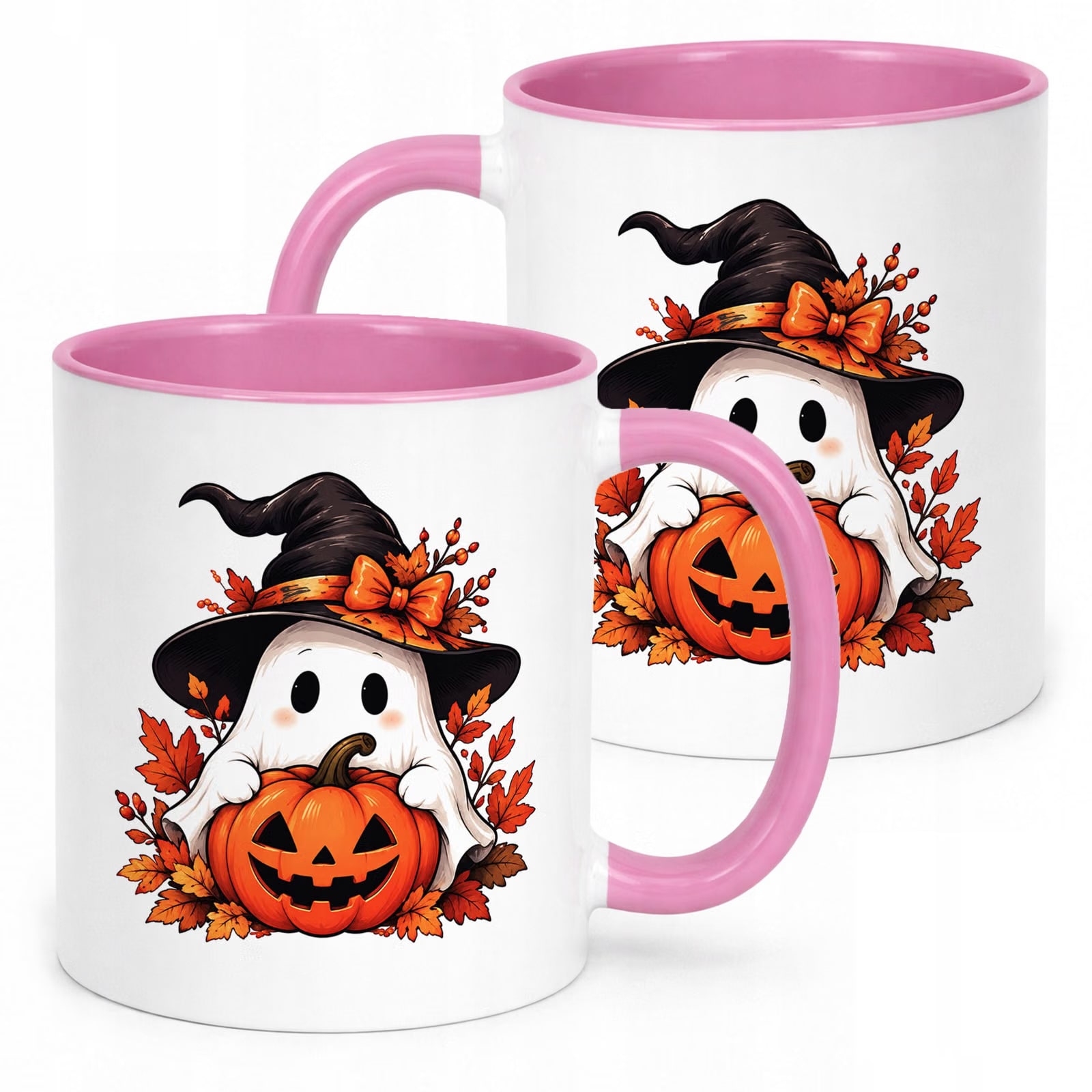 Kubek Różowy z Nadrukiem Halloween Jesień Duch Dynia Prezent Upominek