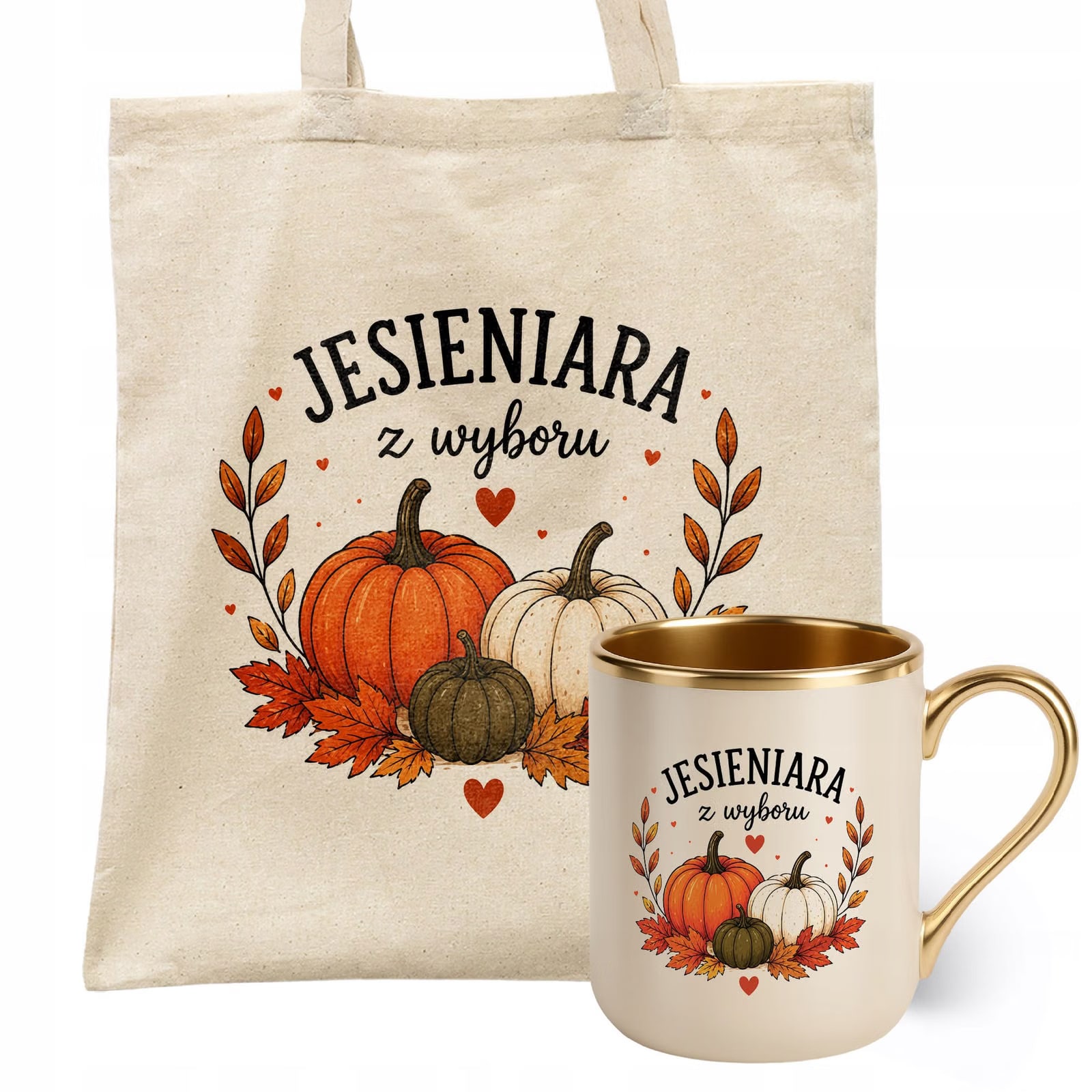 Zestaw Kubek Premium Złoty Ecru Torba Shopper Ecru Z Nadrukiem Jesień
