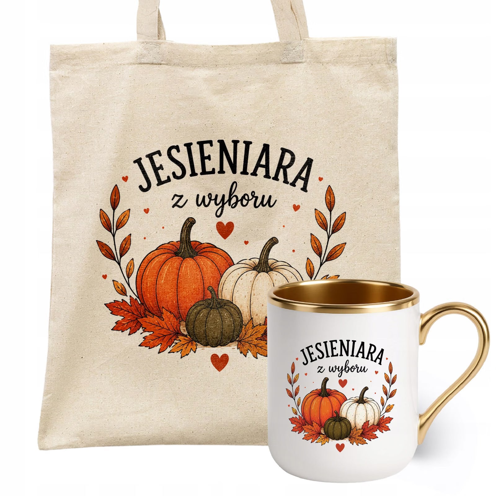 Zestaw Kubek Premium Złoty Torba Shopper Ecru Z Nadrukiem Jesień