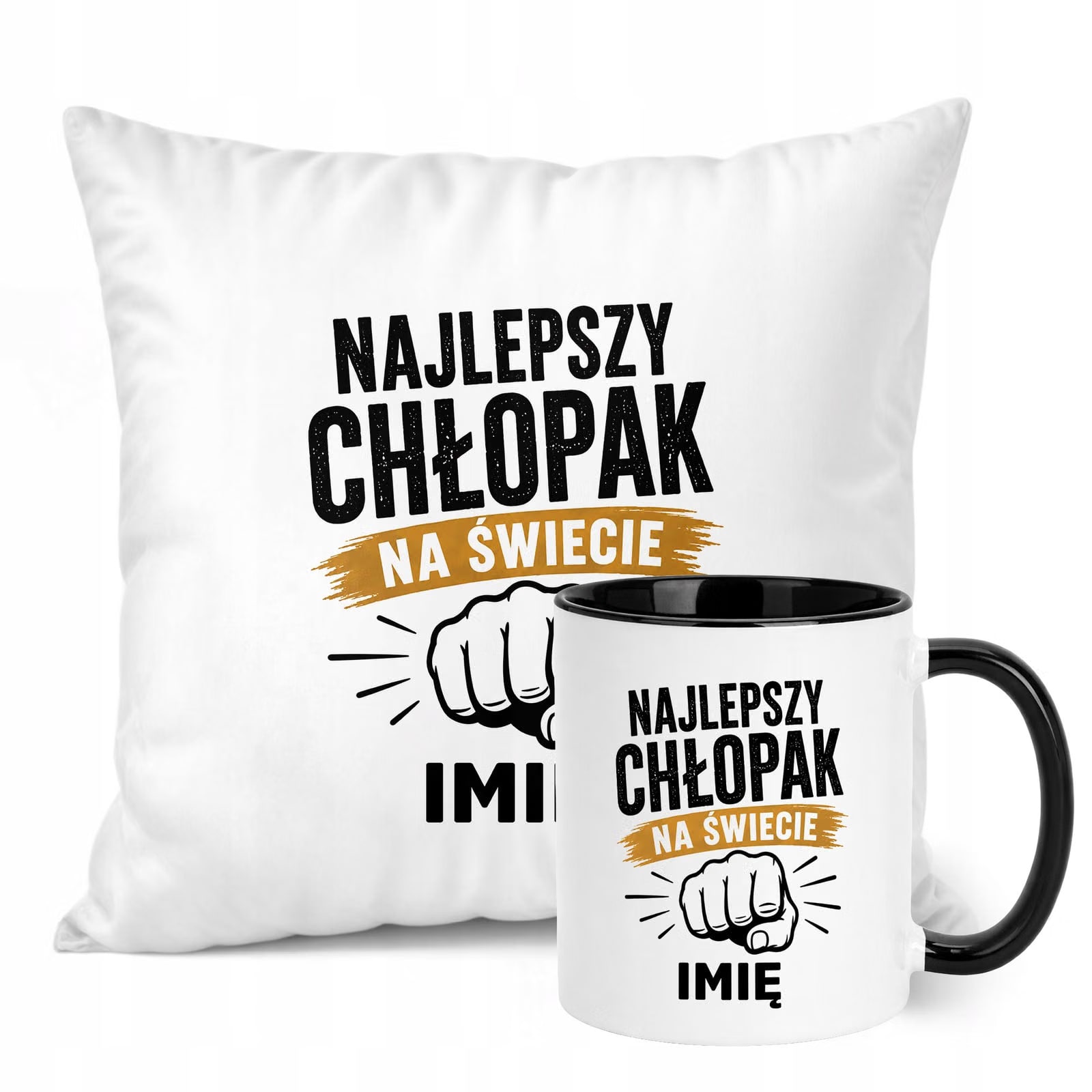 Zestaw Personalizowany Kubek Czarny Poduszka Dzień Chłopaka Z Nadrukiem