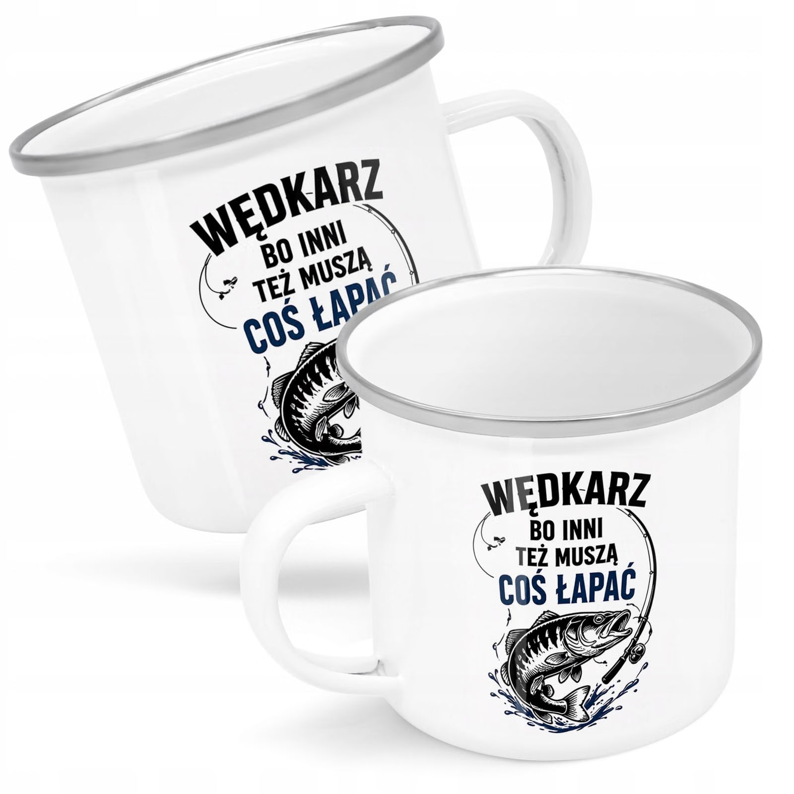 Kubek Emaliowany Dla Wędkarza z Nadrukiem Biały Metalowy Prezent