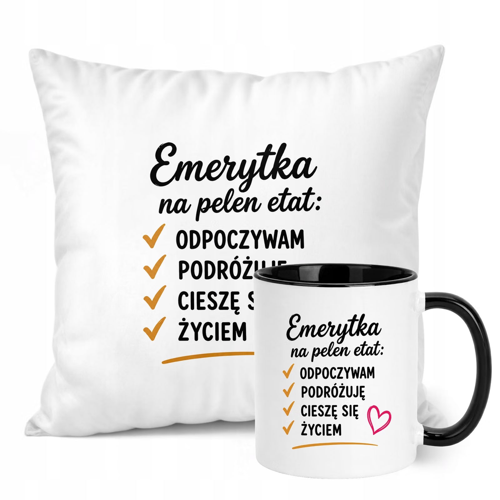 Zestaw Kubek Czarny Poduszka Z Nadrukiem Emerytura Dla Emerytki Prezent