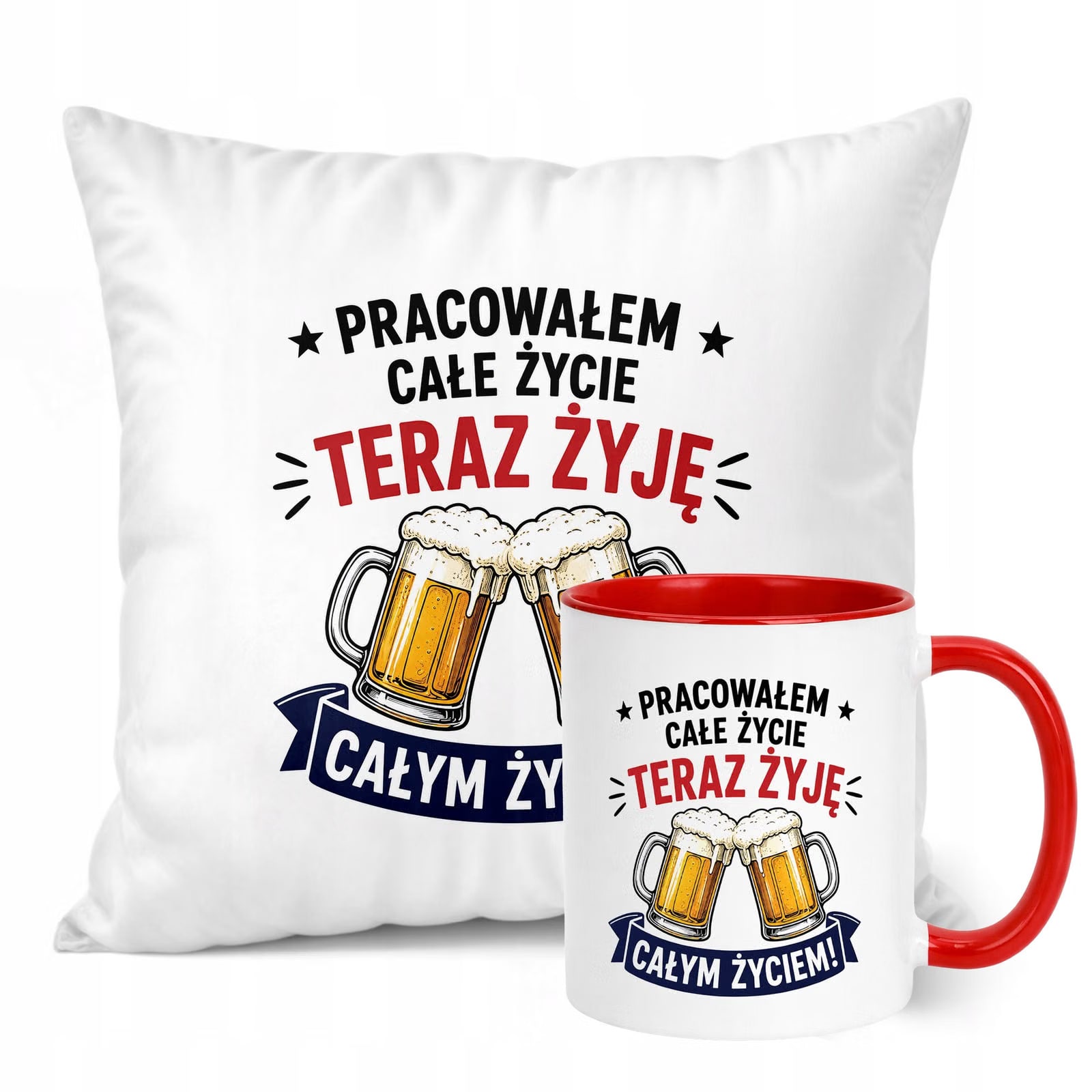 Zestaw Kubek Czerwony Poduszka Z Nadrukiem Emerytura Dla Emeryta Prezent