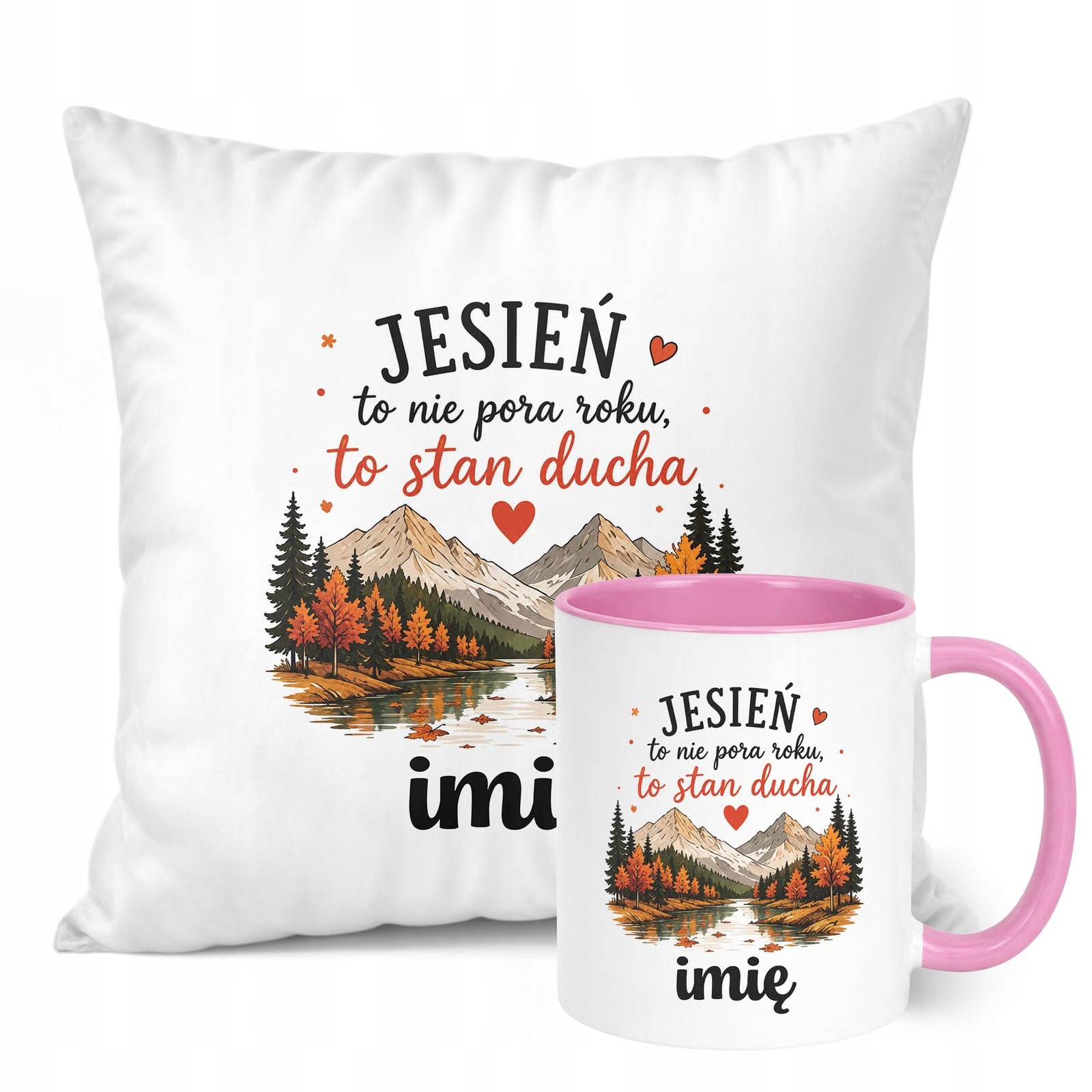 Zestaw Personalizowany Kubek Różowy Poduszka Jesień Jesienny Z Nadrukiem