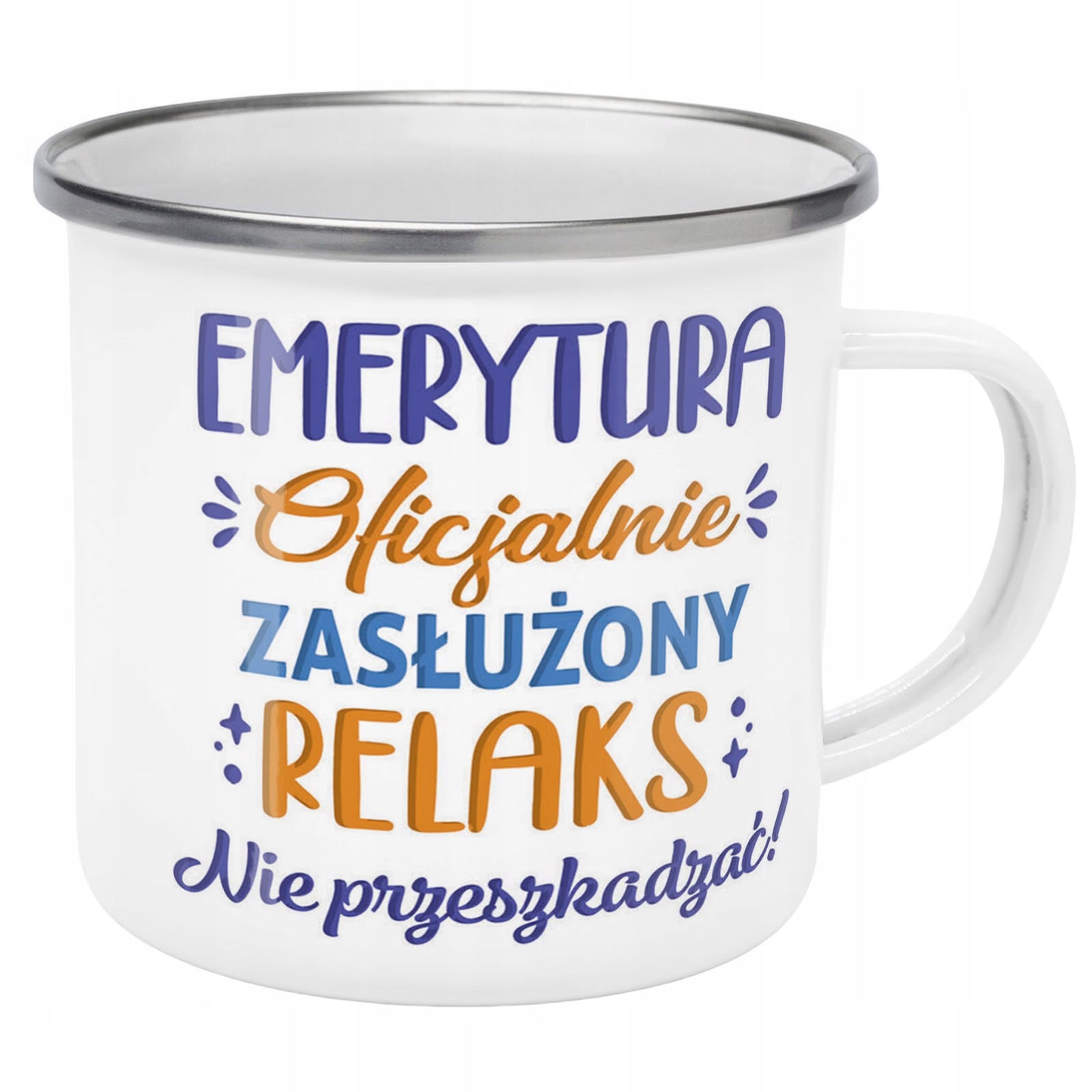 Kubek Emaliowany z okazji Emerytury Dla Emeryta z Nadrukiem Biały Metalowy