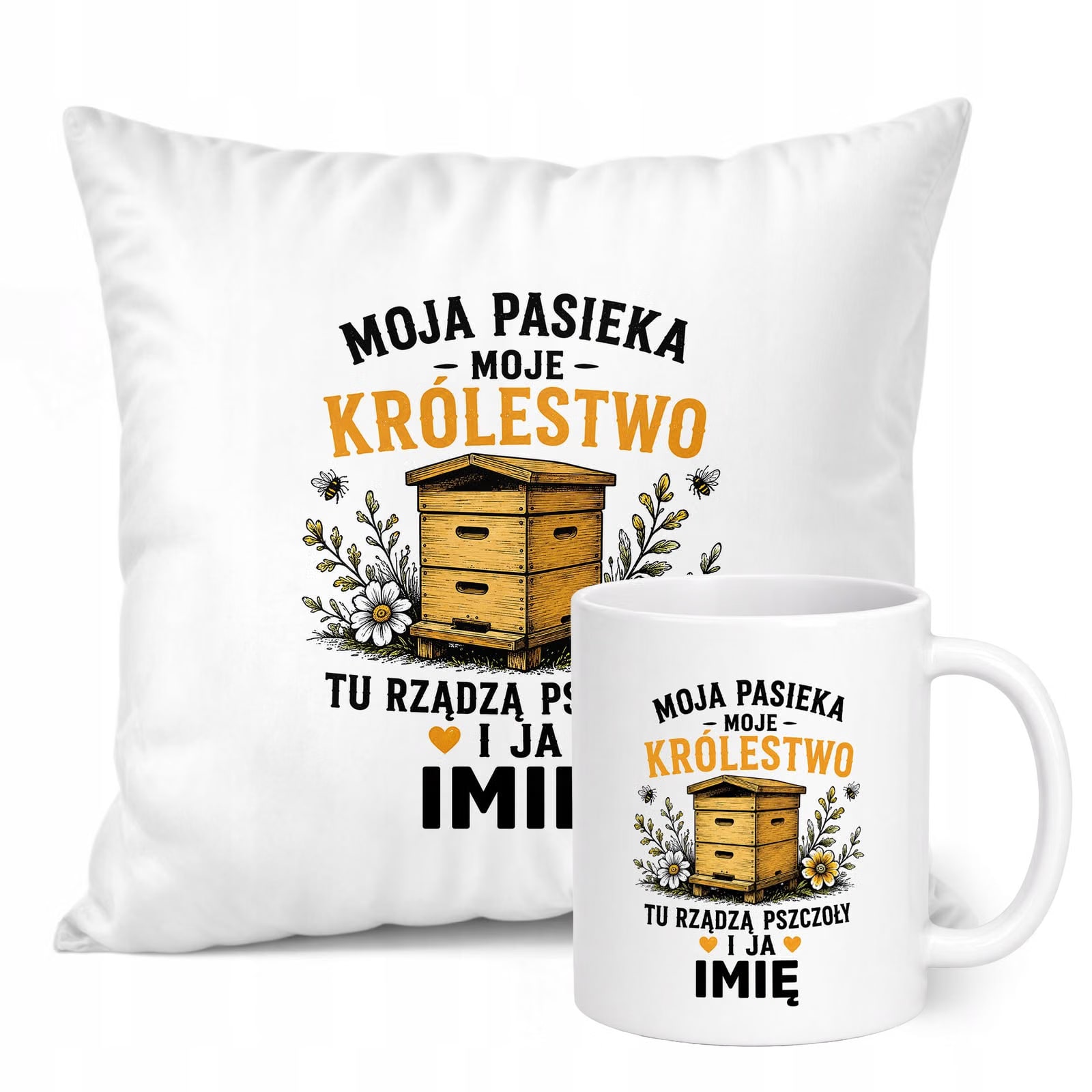 Zestaw Personalizowany Kubek Biały Poduszka Z Nadrukiem Dla Pszczelarza