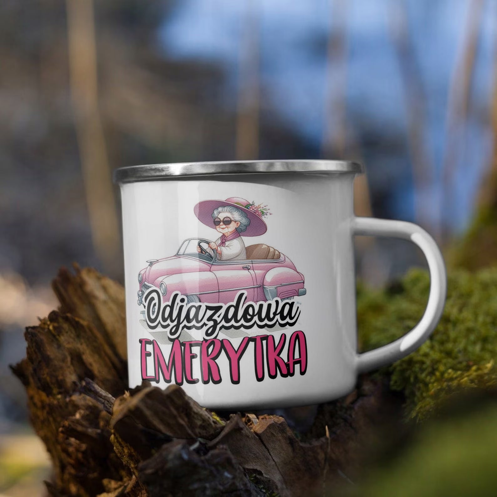 Kubek Emaliowany Z okazji Emerytury Emerytka z Nadrukiem Biały Metalowy