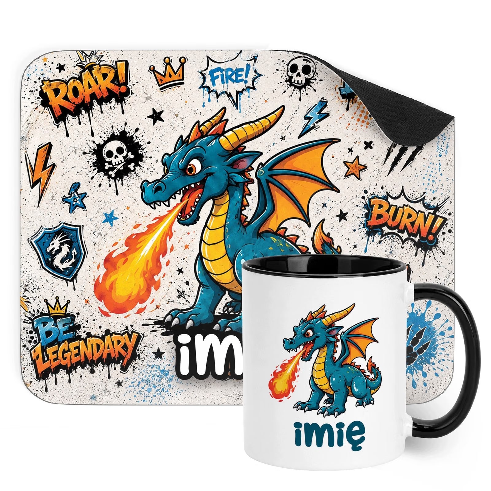 Zestaw personalizowany Kubek Czarny Podkładka pod mysz Smok
