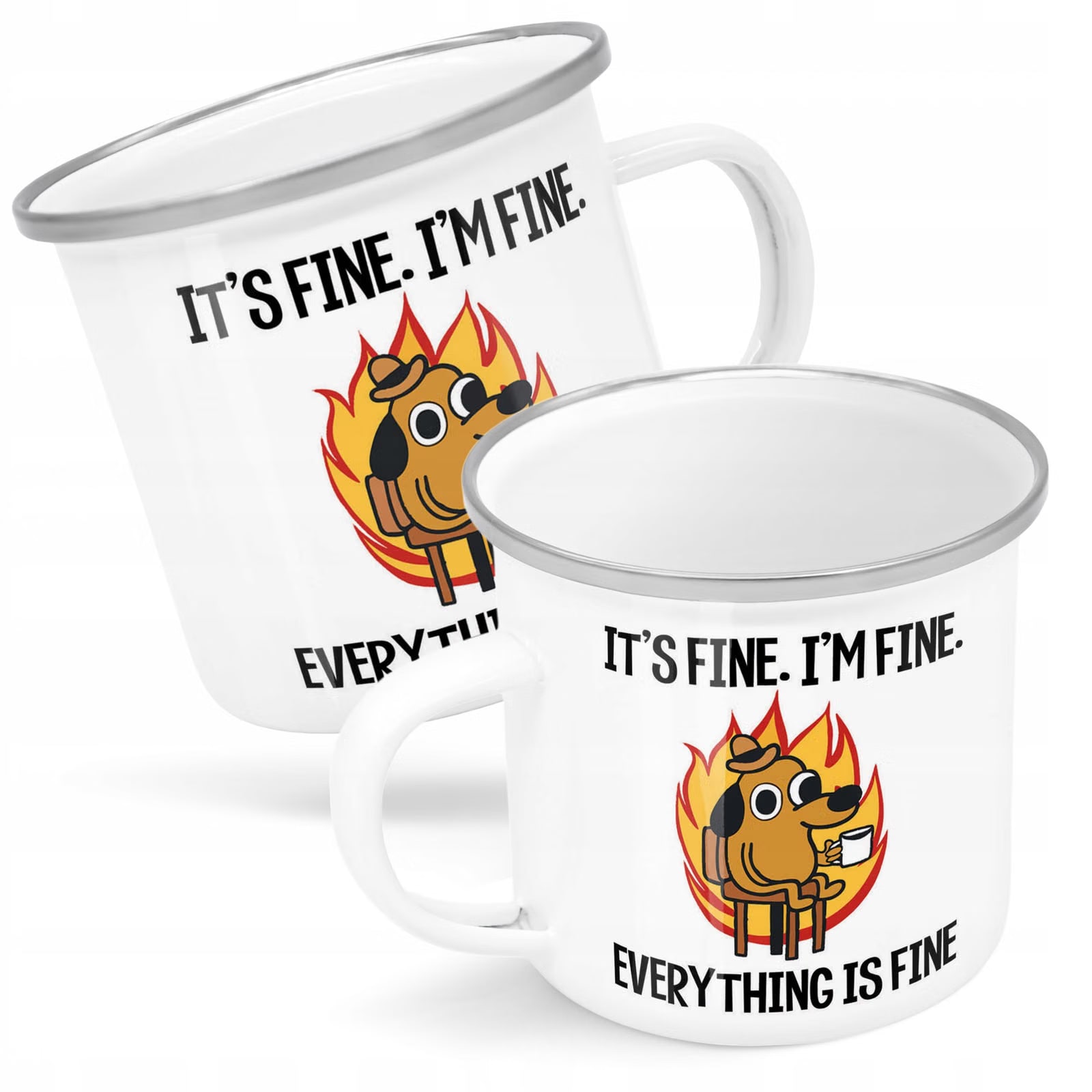 Kubek Emaliowany Everything Is Fine Pies Mem z Nadrukiem Biały Metalowy