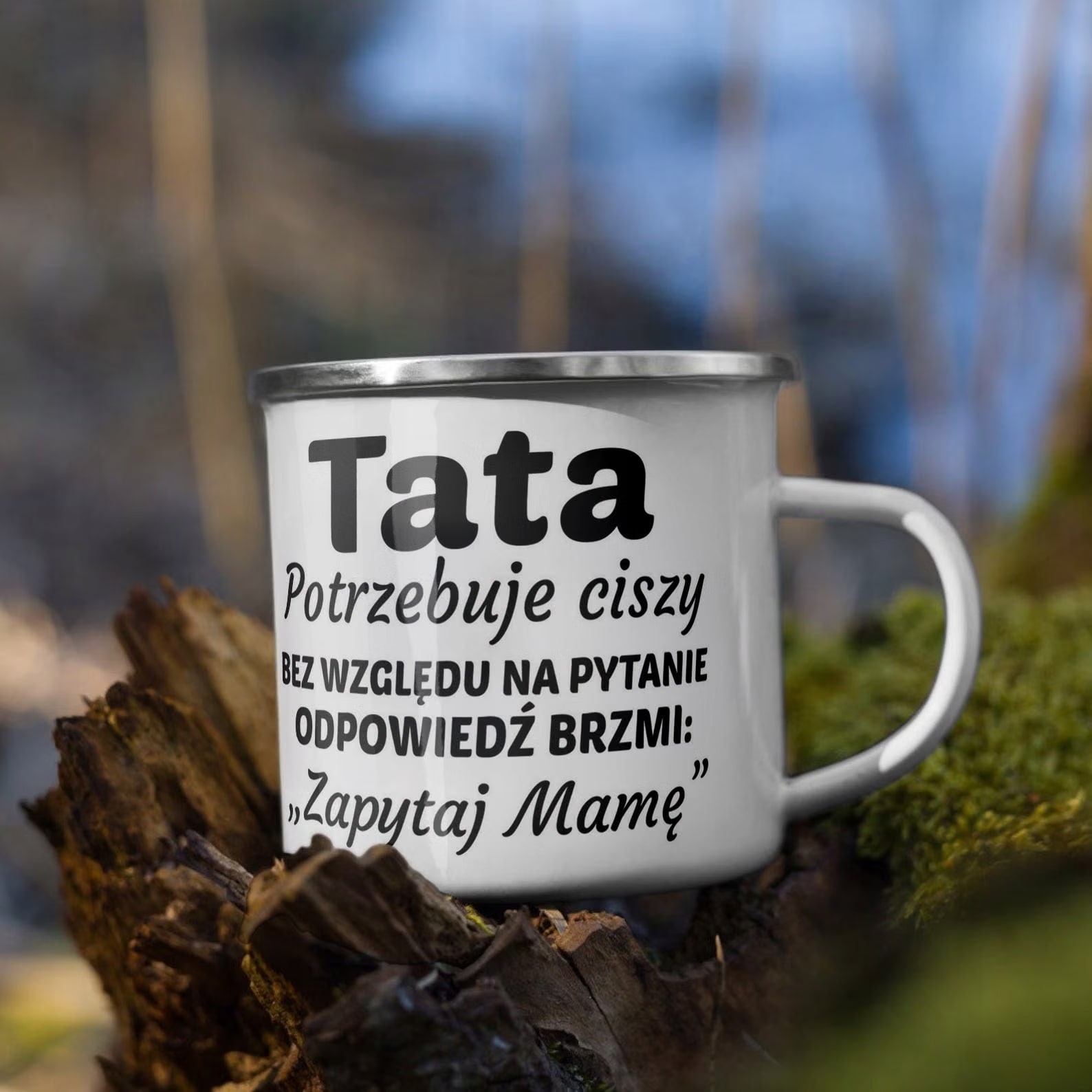 Kubek Emaliowany Dzień Ojca Dla Taty Tata z Nadrukiem Biały Metalowy