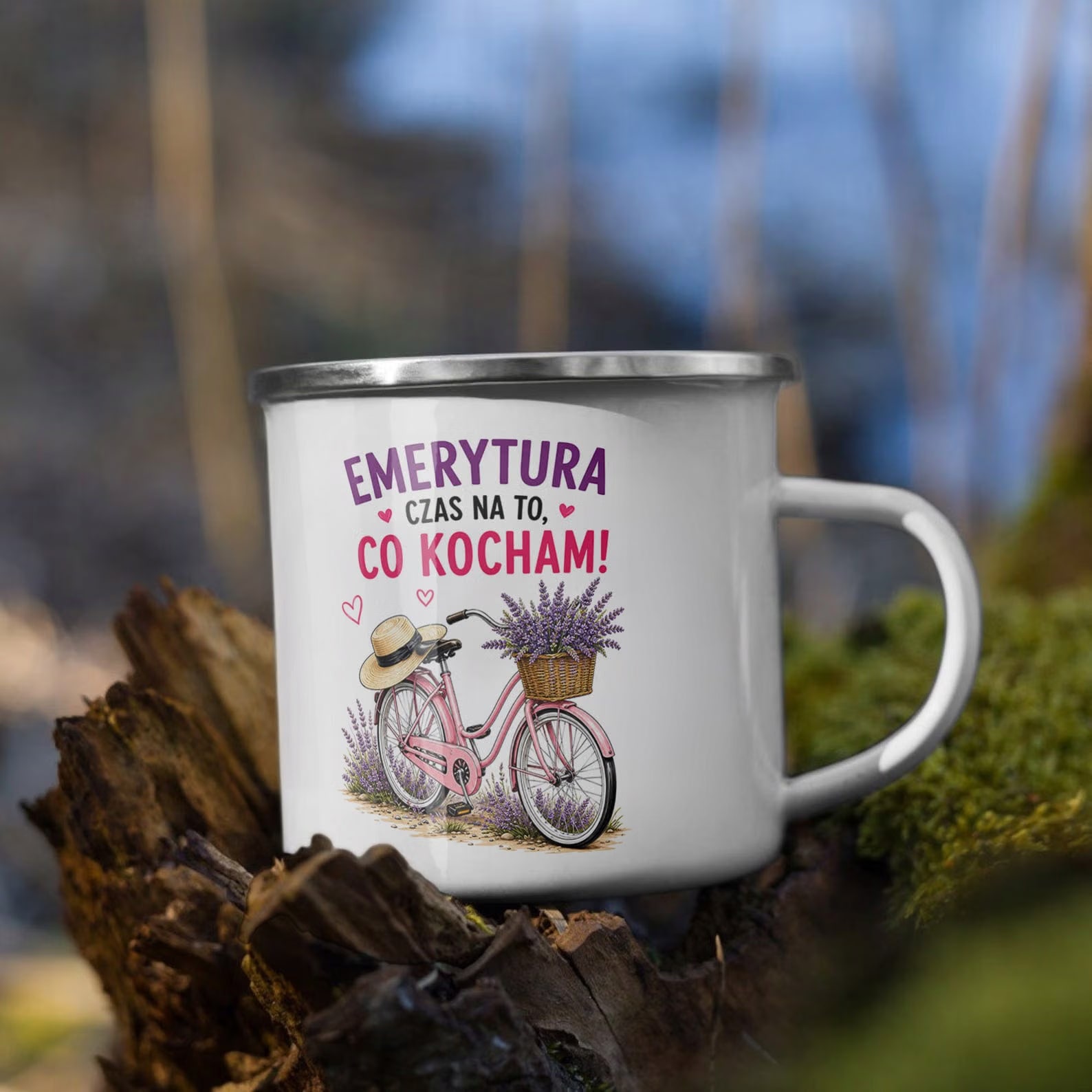 Kubek Emaliowany Emerytura Dla Emerytki z Nadrukiem Biały Metalowy Prezent