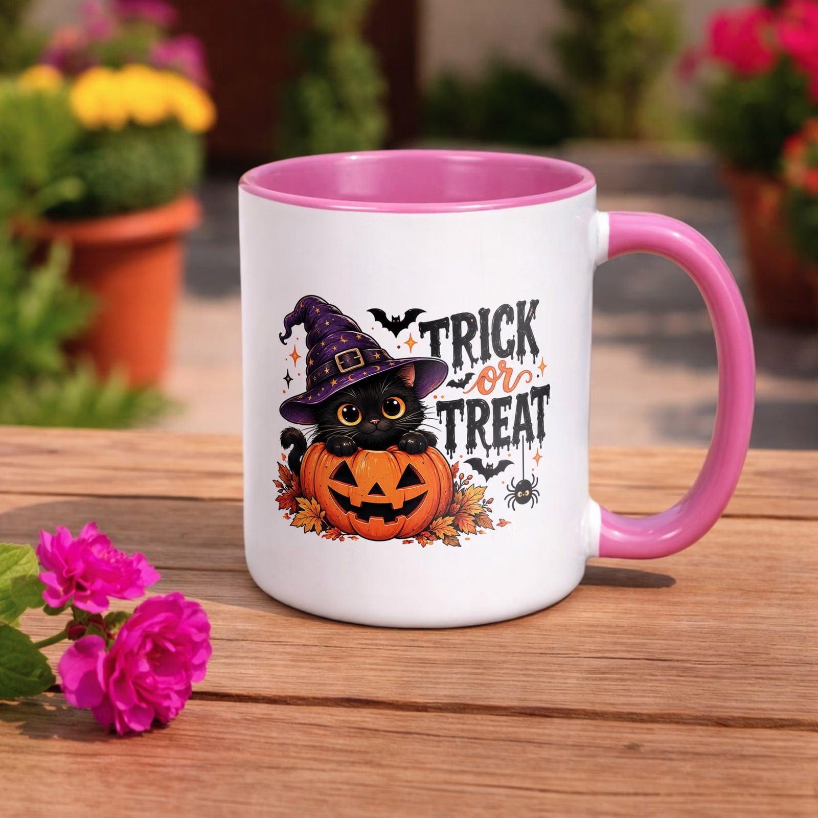 Kubek Różowy z Nadrukiem Halloween Jesień Kot Dynia Prezent Upominek