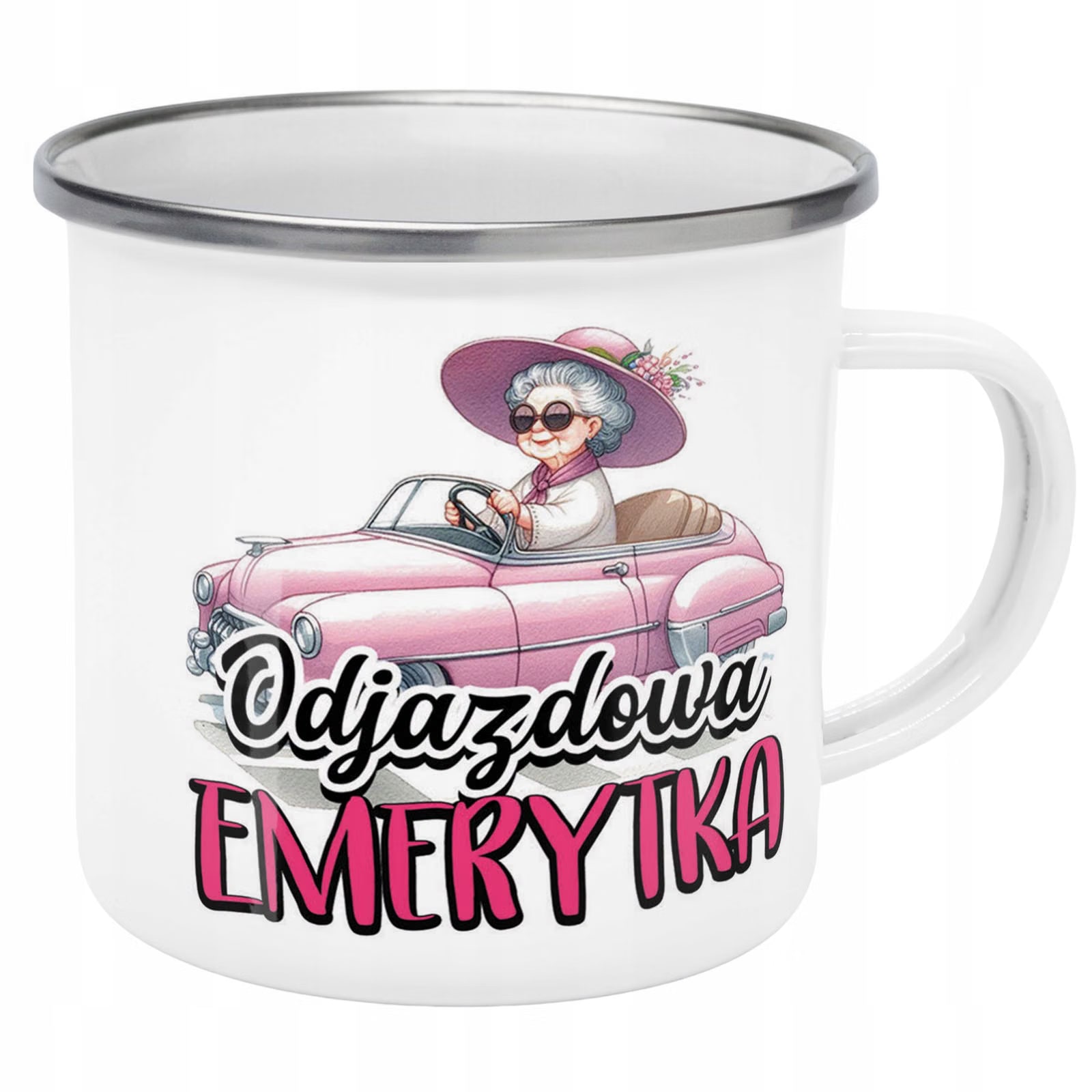 Kubek Emaliowany Z okazji Emerytury Emerytka z Nadrukiem Biały Metalowy