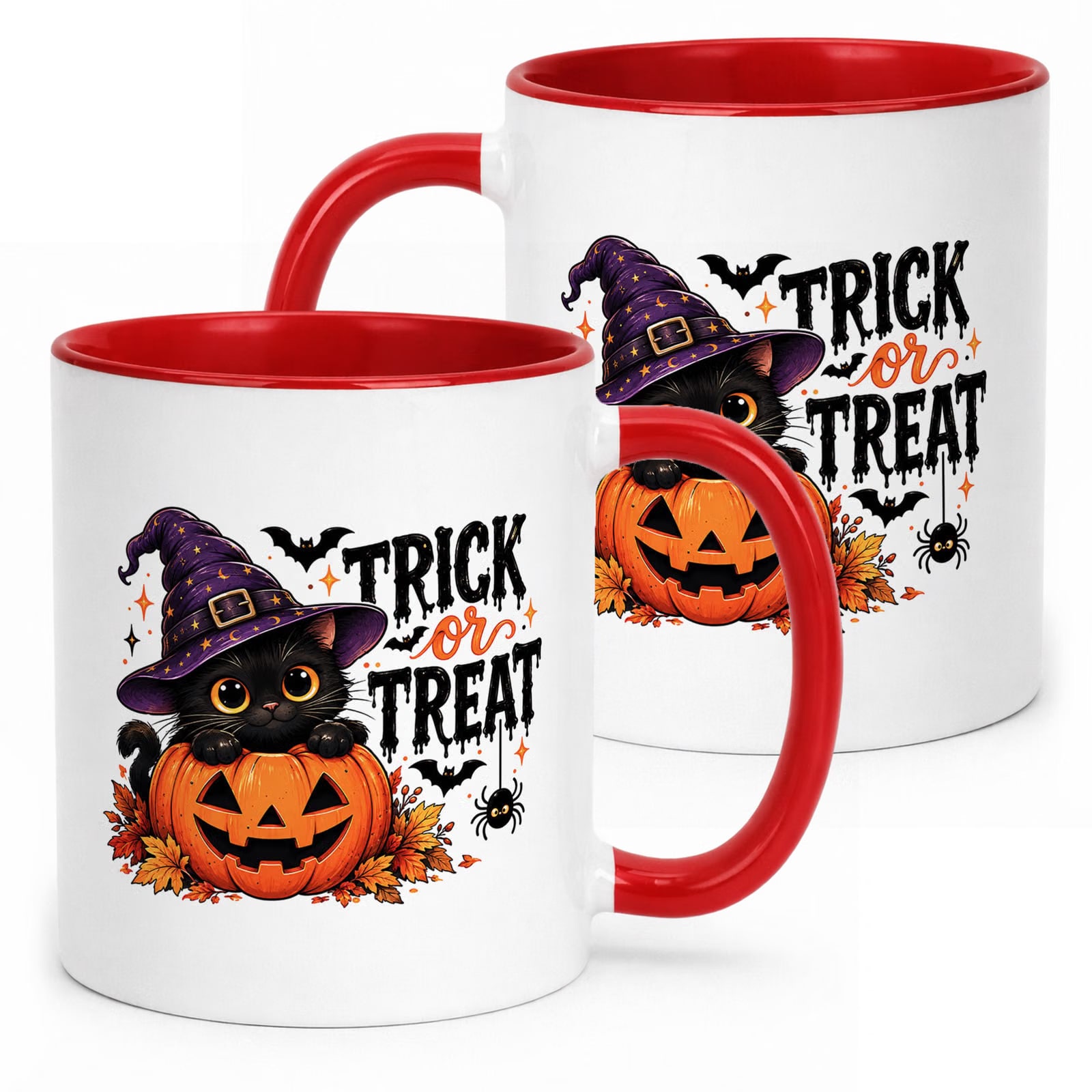 Kubek Czerwony z Nadrukiem Halloween Jesień Kot Dynia Prezent Upominek