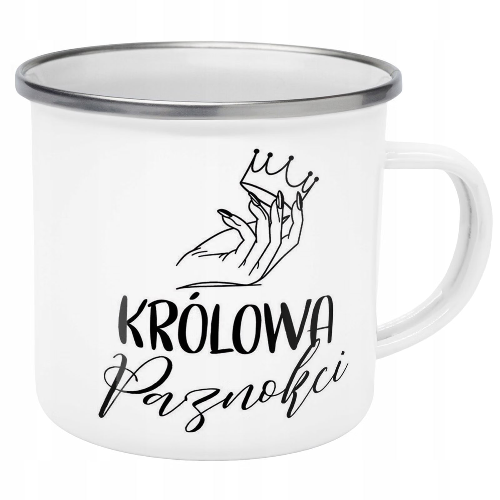 Kubek Emaliowany Królowa Paznokci Dla Stylistki z Nadrukiem Biały Metalowy