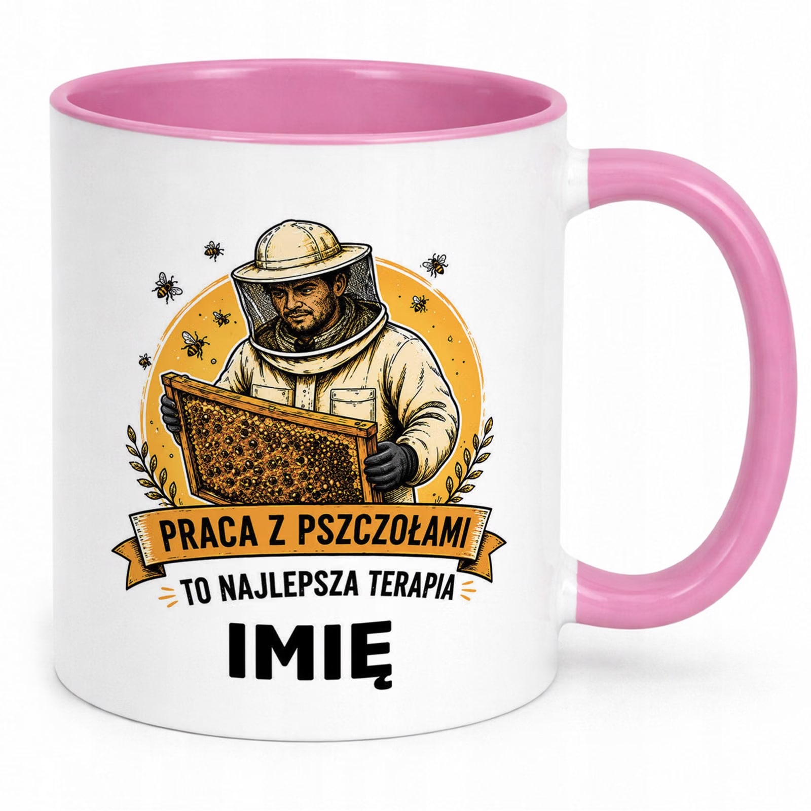Różowy Kubek Personalizowany z nadrukiem Dla Pszczelarza Upominek Prezent