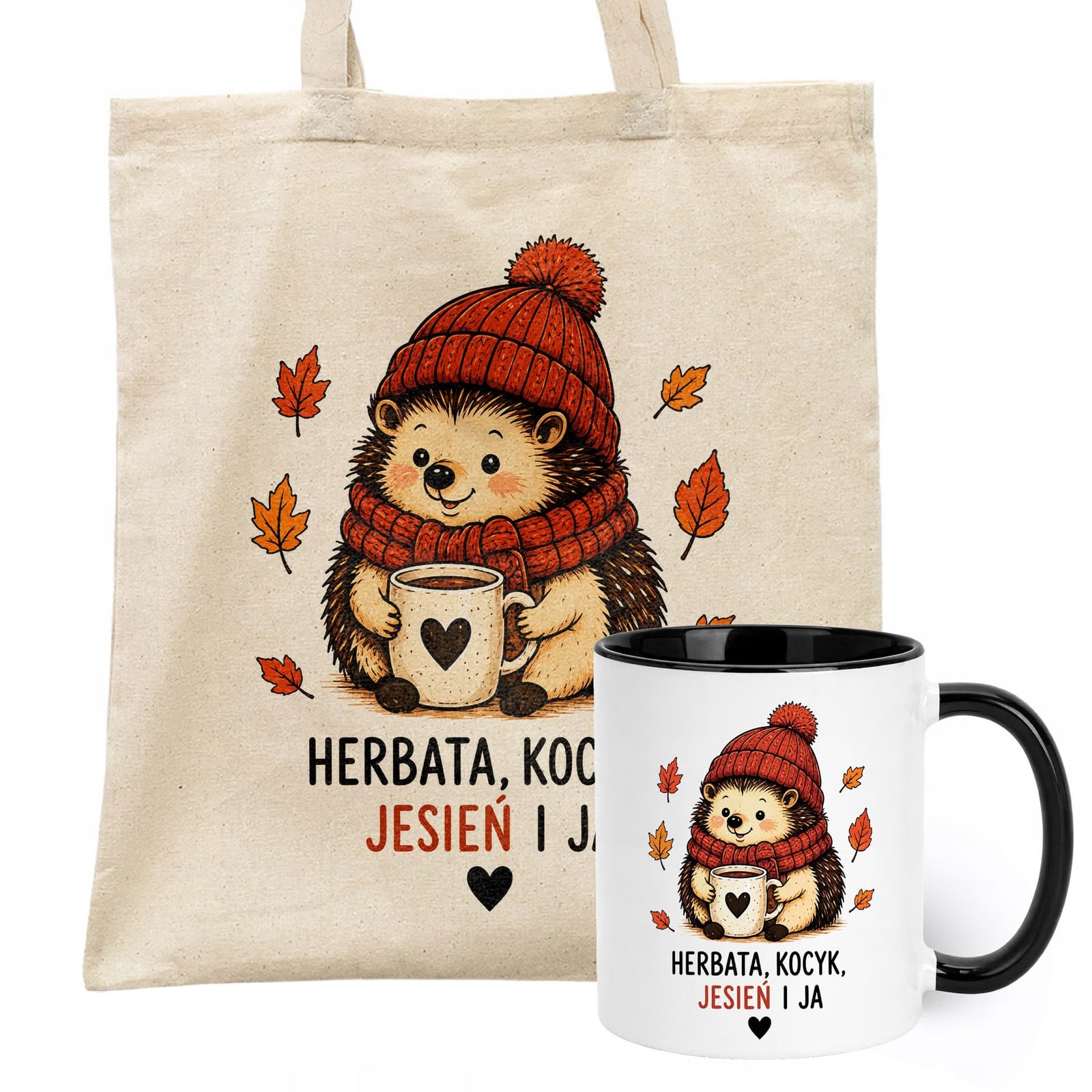 Zestaw Kubek Czarny Torba Shopper Ecru Z Nadrukiem Jesień Jesienny