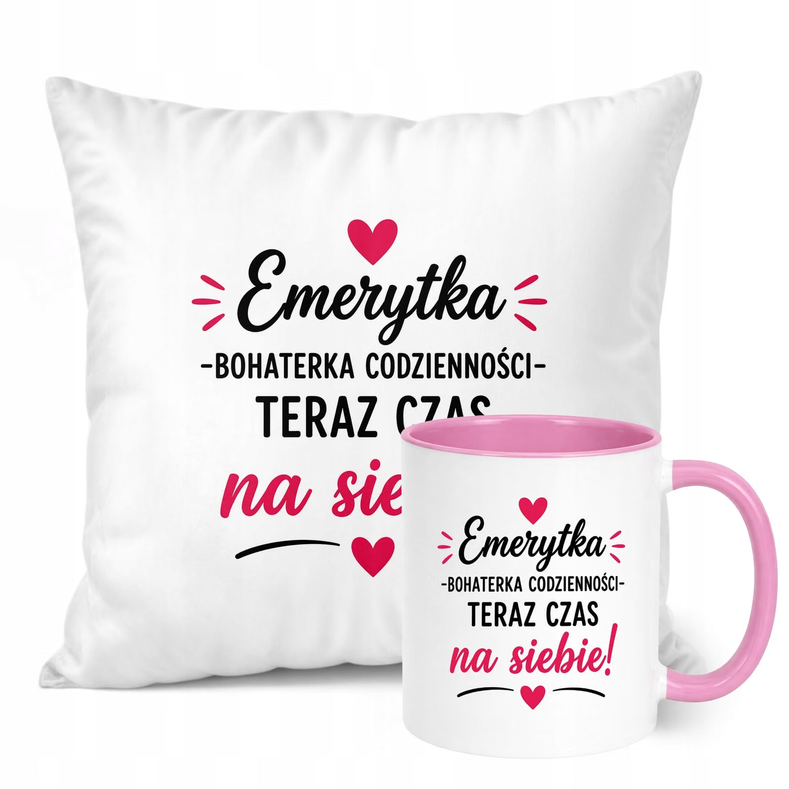 Zestaw Kubek Różowy Poduszka Z Nadrukiem Emerytura Dla Emerytki Prezent