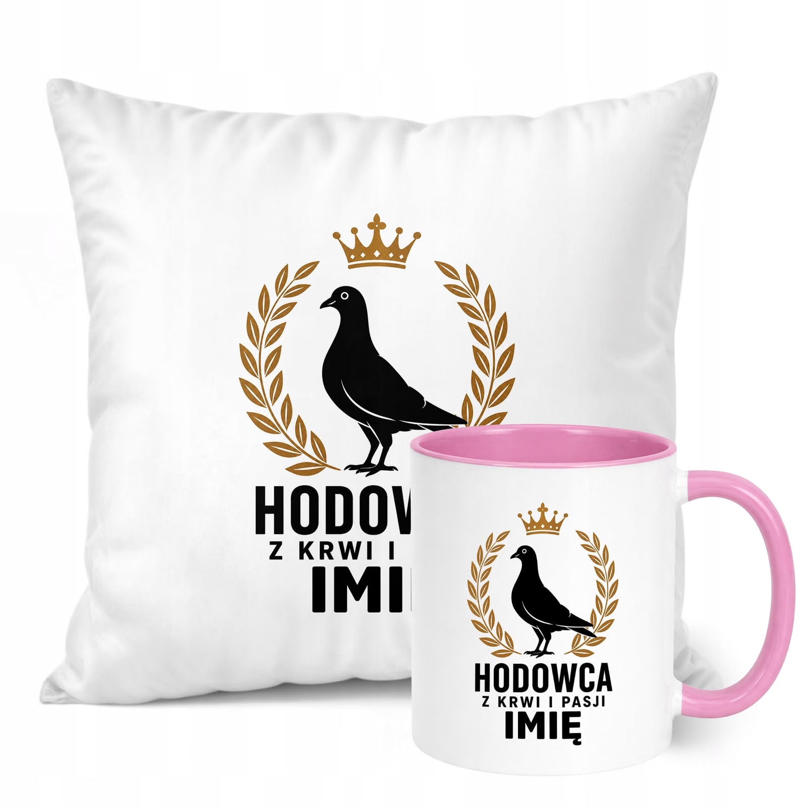 Zestaw Personalizowany Kubek Różowy Poduszka Z Nadrukiem Dla Gołębiarza