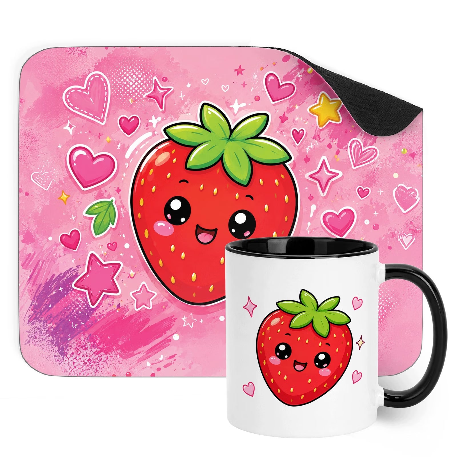 Zestaw Kubek Czarny Podkładka pod mysz z nadrukiem Kawaii Truskawka