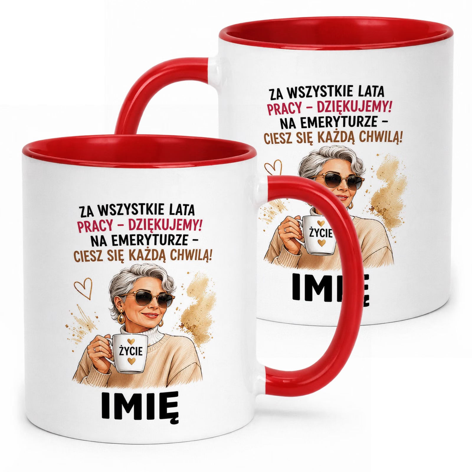 Kubek Czerwony Personalizowany z Nadrukiem Emerytura Dla Emerytki Prezent