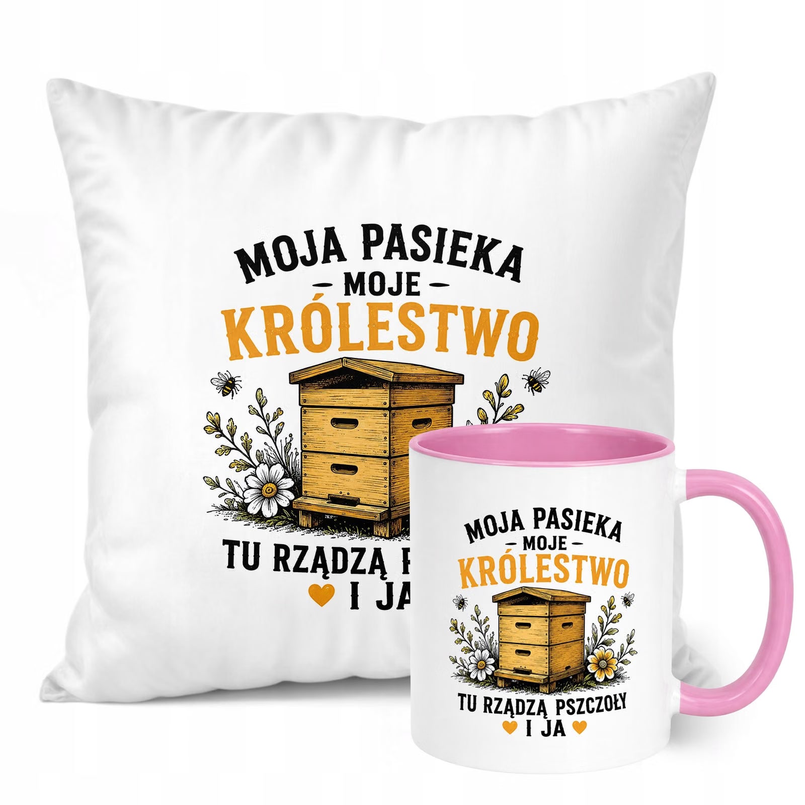 Zestaw Kubek Różowy Poduszka Z Nadrukiem Dla Pszczelarza Prezent
