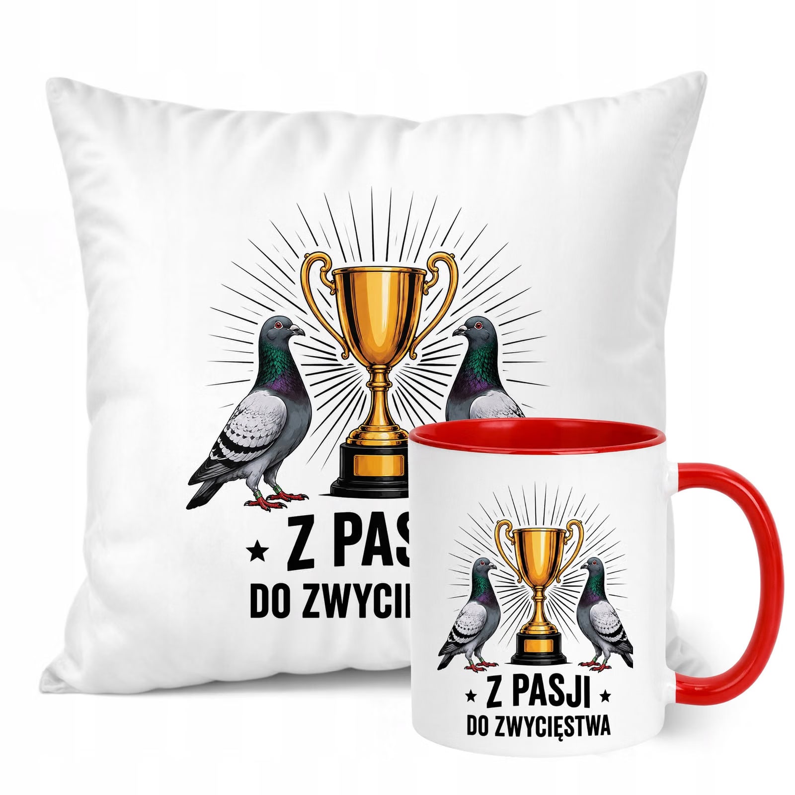 Zestaw Kubek Czerwony Poduszka Z Nadrukiem Dla Gołębiarza Prezent