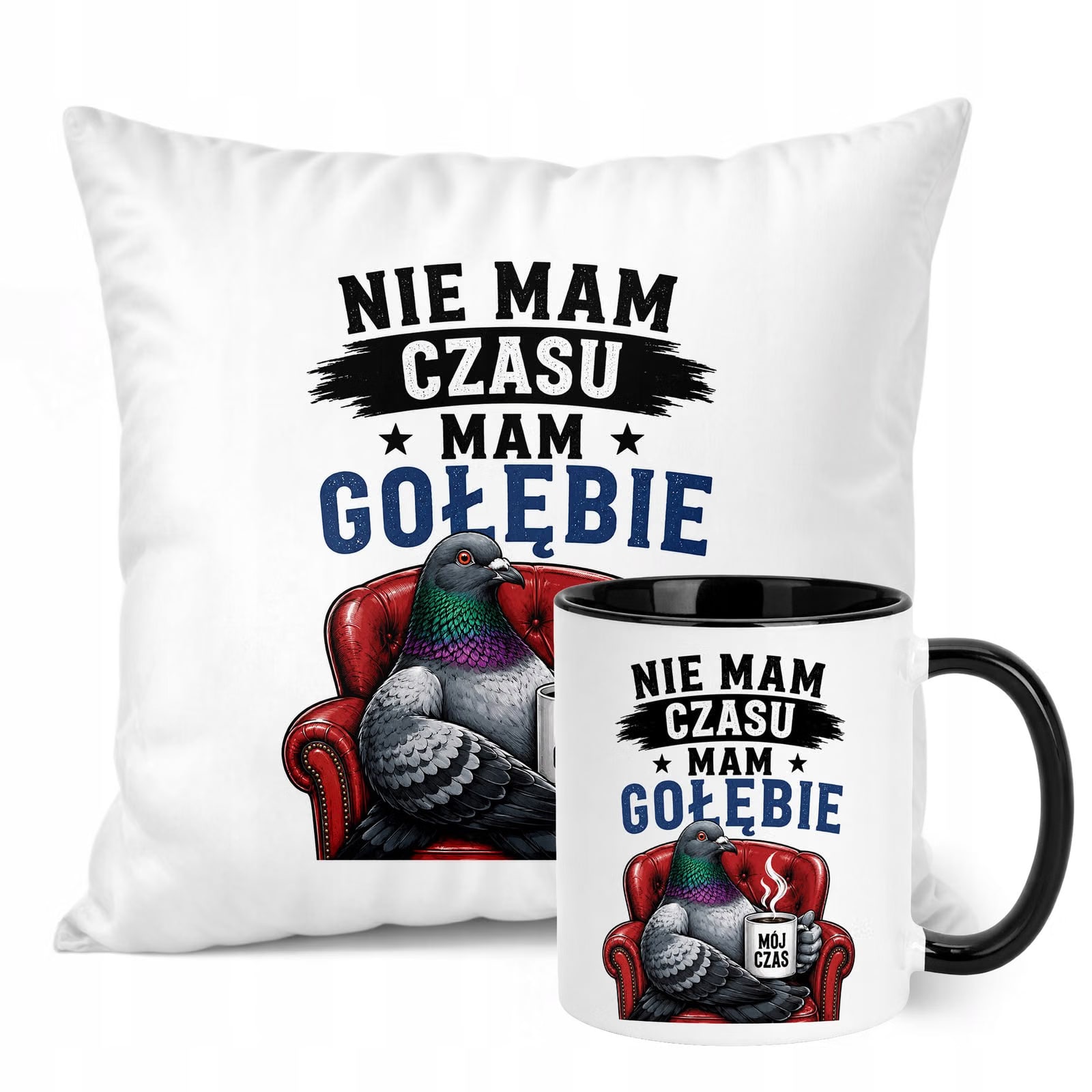 Zestaw Kubek Czarny Poduszka Z Nadrukiem Dla Gołębiarza Prezent