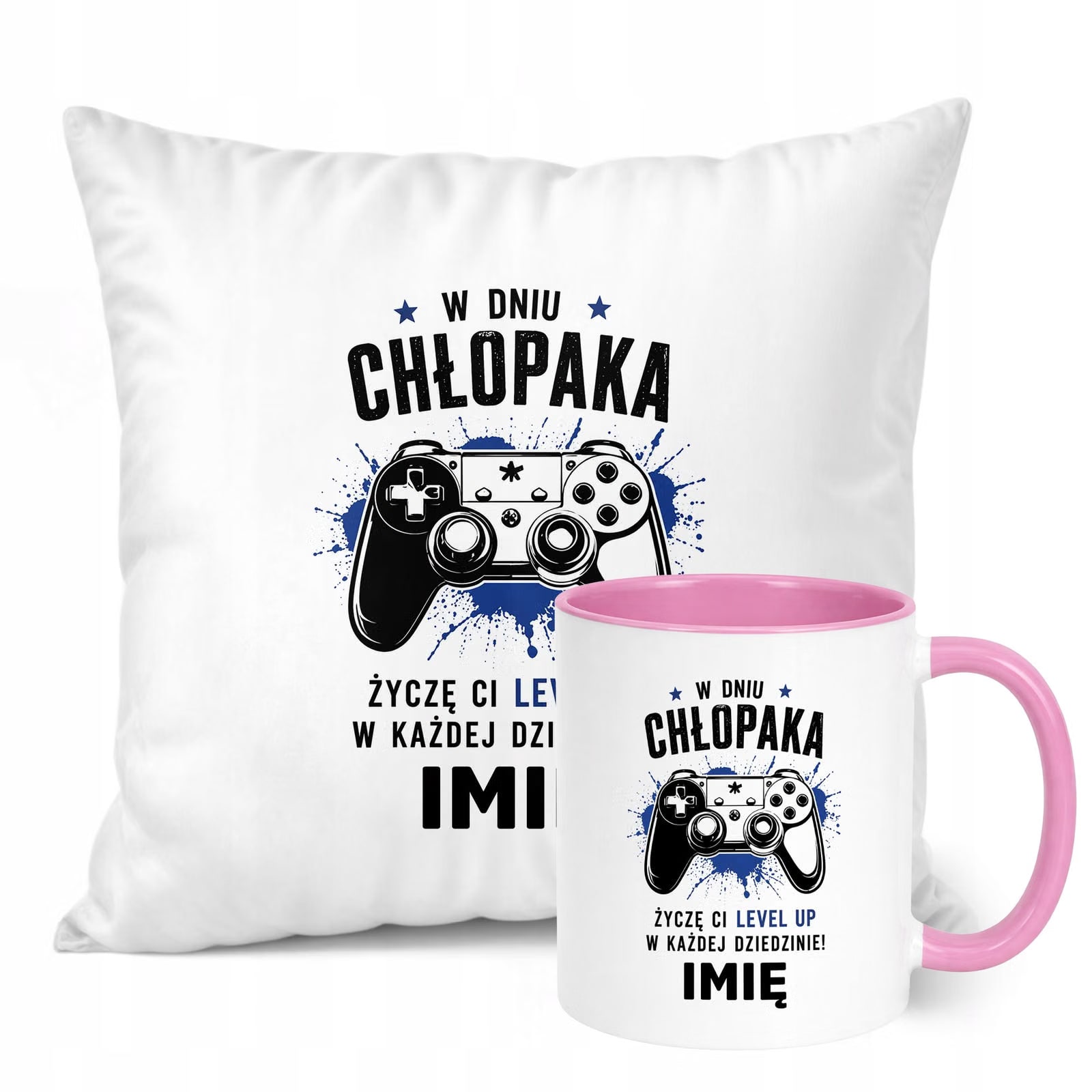Zestaw Personalizowany Kubek Różowy Poduszka Dzień Chłopaka Z Nadrukiem