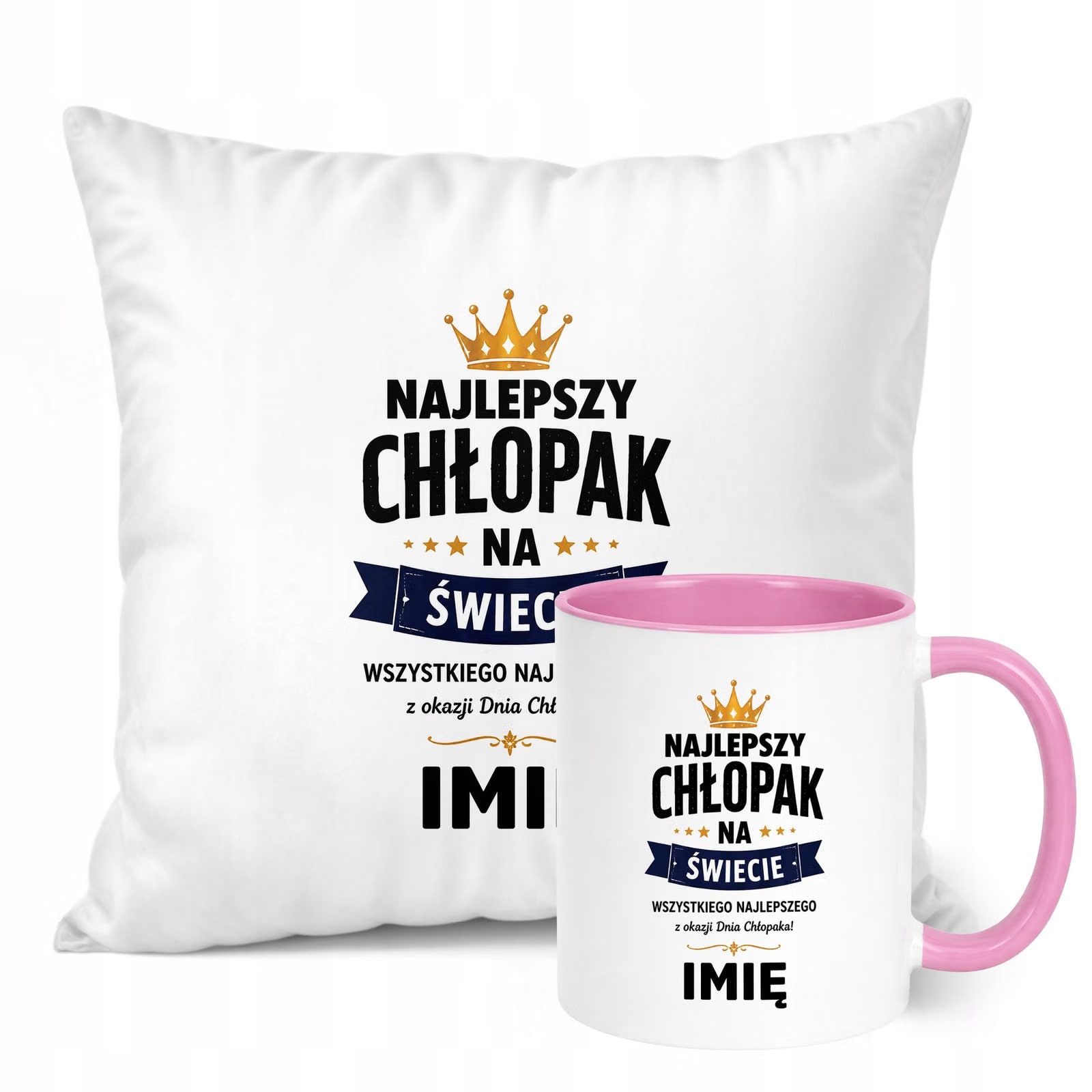 Zestaw Personalizowany Kubek Różowy Poduszka Dzień Chłopaka Z Nadrukiem