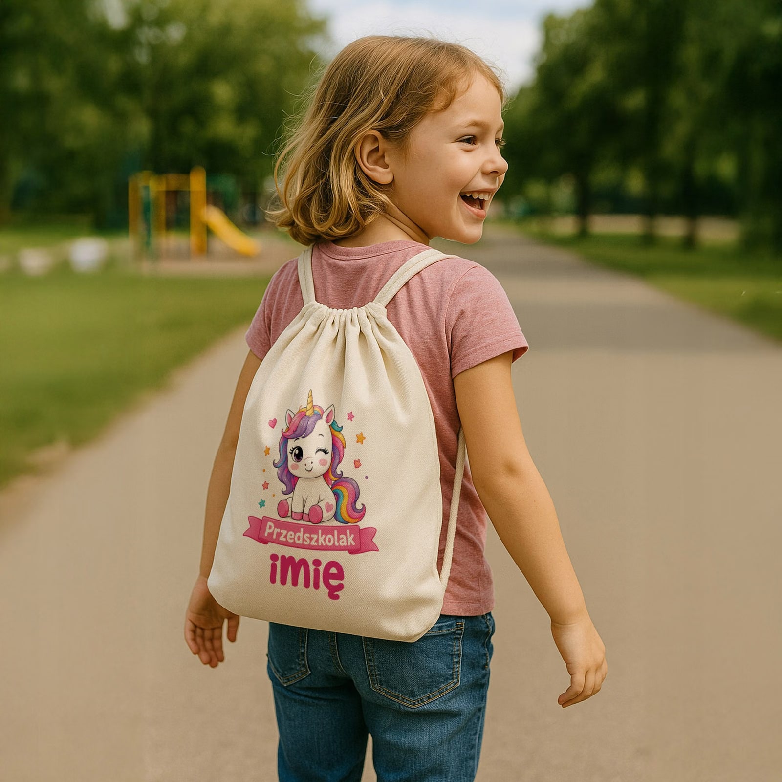 Zestaw Personalizowany Plecak Worek Kubek Przedszkolak Jednorożec Prezent