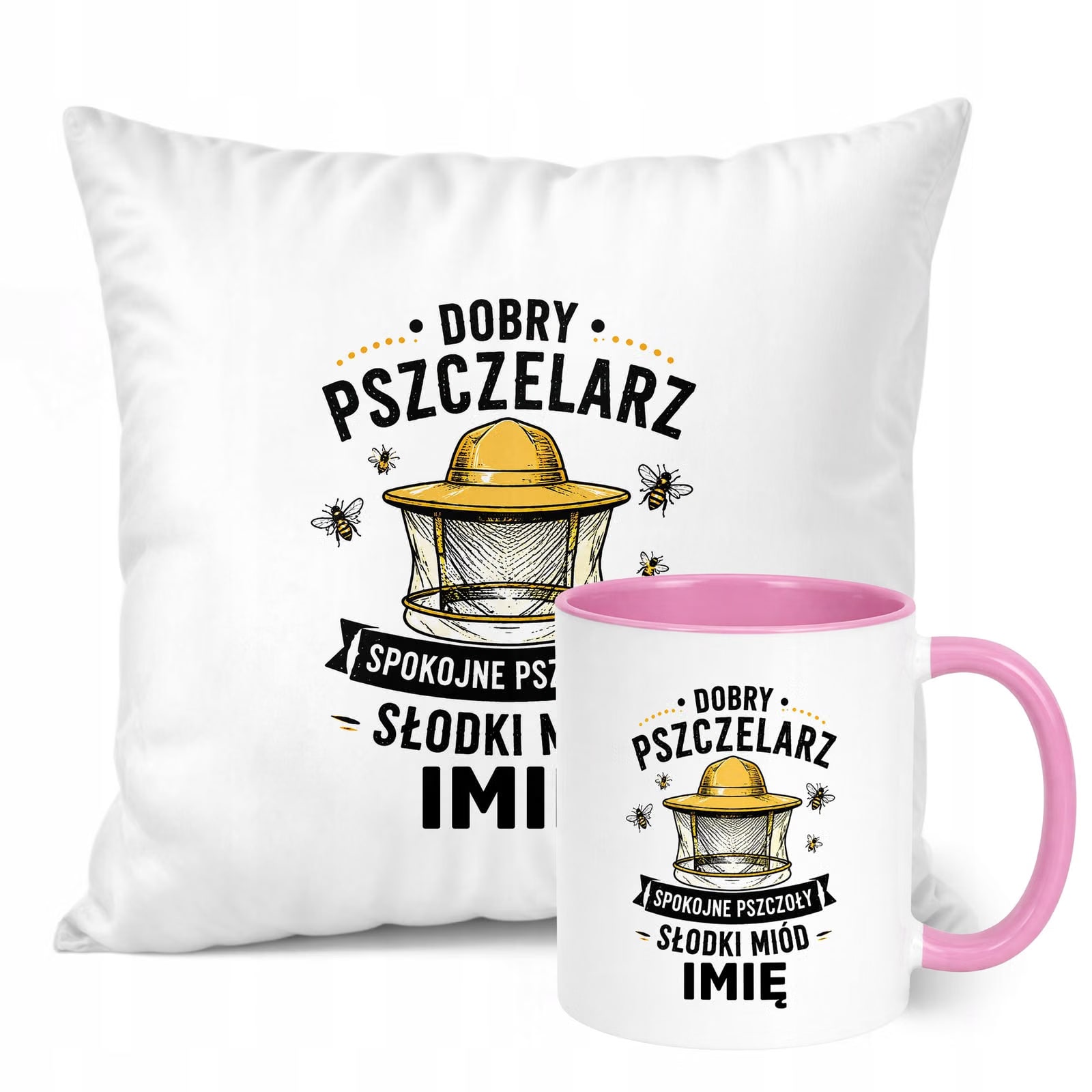 Zestaw Personalizowany Kubek Różowy Poduszka Z Nadrukiem Dla Pszczelarza