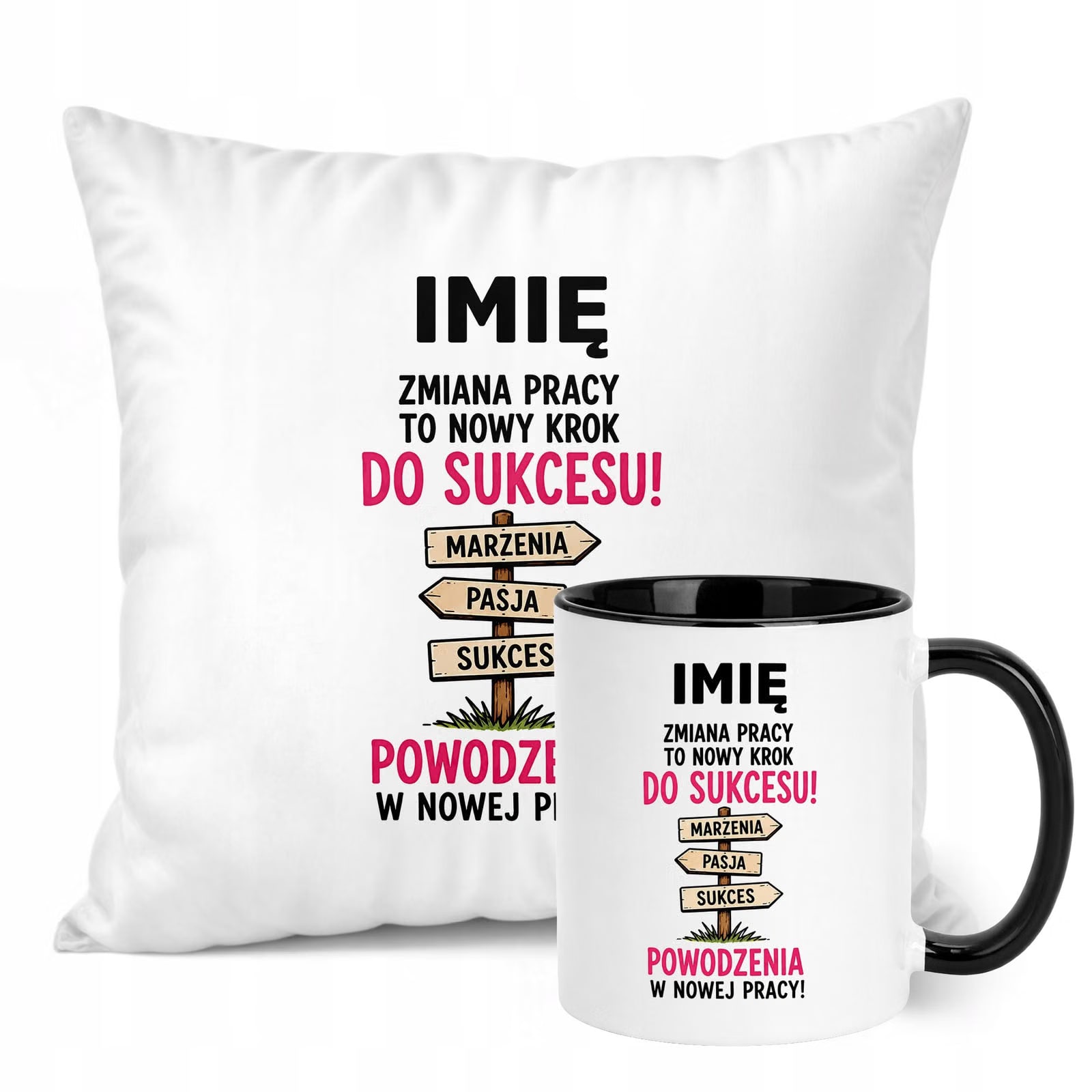 Zestaw Personalizowany Kubek Czarny Poduszka Odejście z Pracy Prezent