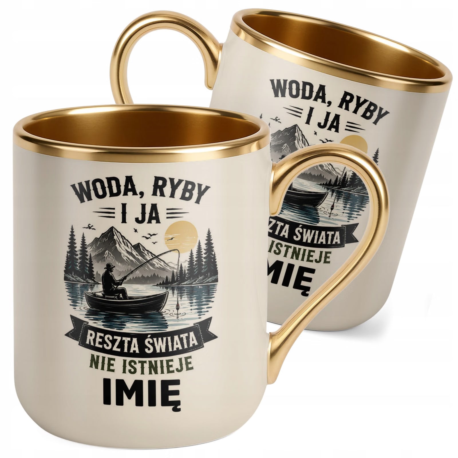 Kubek Personalizowany z nadrukiem Premium Złoty Ecru Dla Wędkarza Prezent